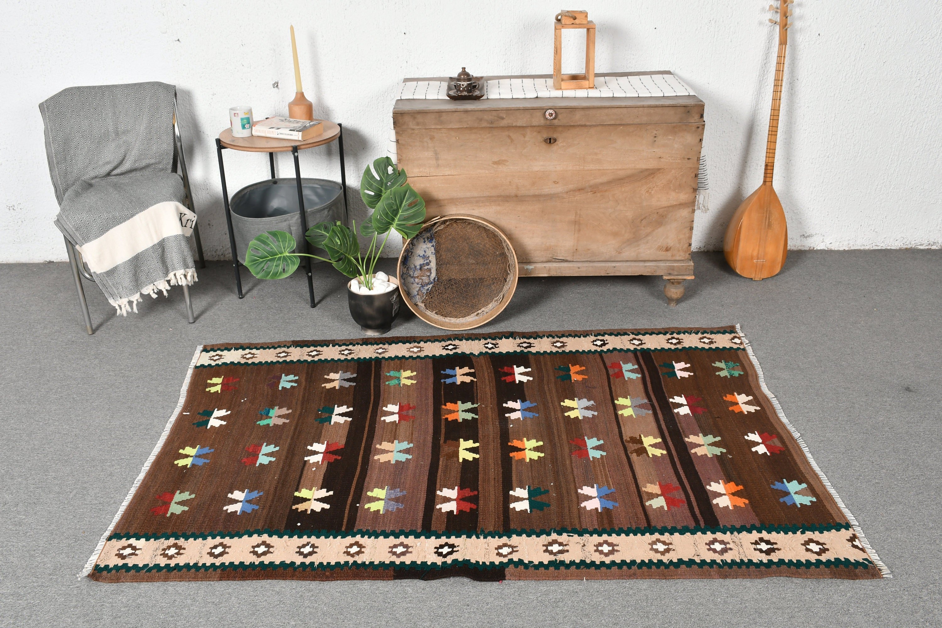 Brown Oriental Rugs, Turkish Rugs, Kilim, 3.6x5.7 ft Accent Rug, Kitchen Rug, Bedroom Rugs, Vintage Rug, Anatolian Rug, Moroccan Rugs
