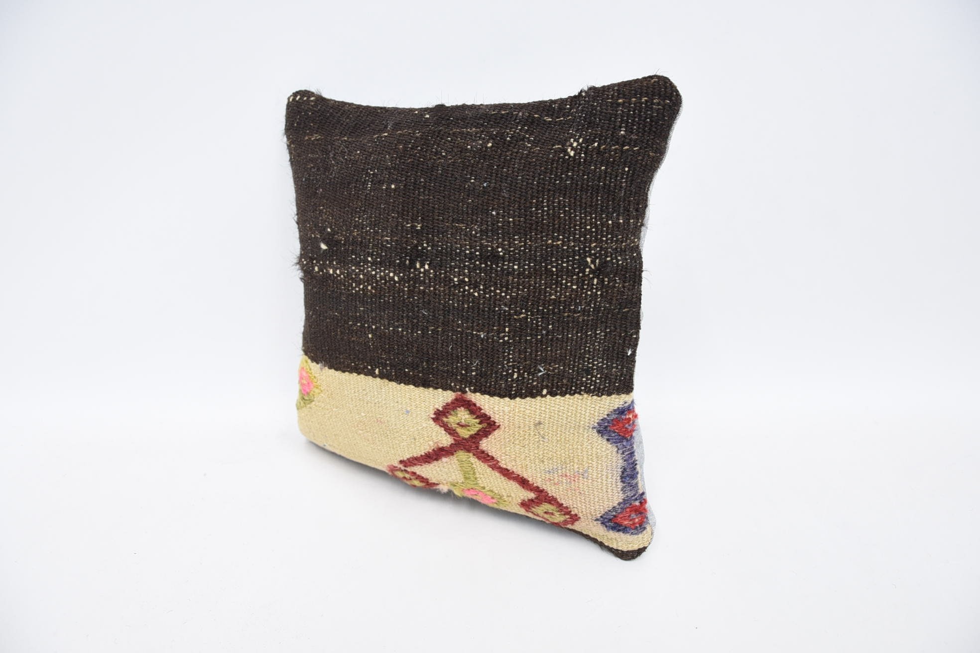 Ethnical Kilim Rug Pillow, Kilim Cushion Sham, Vintage Kilim Throw Pillow, Pastel Cushion, 12"x12" Brown Pillow Sham