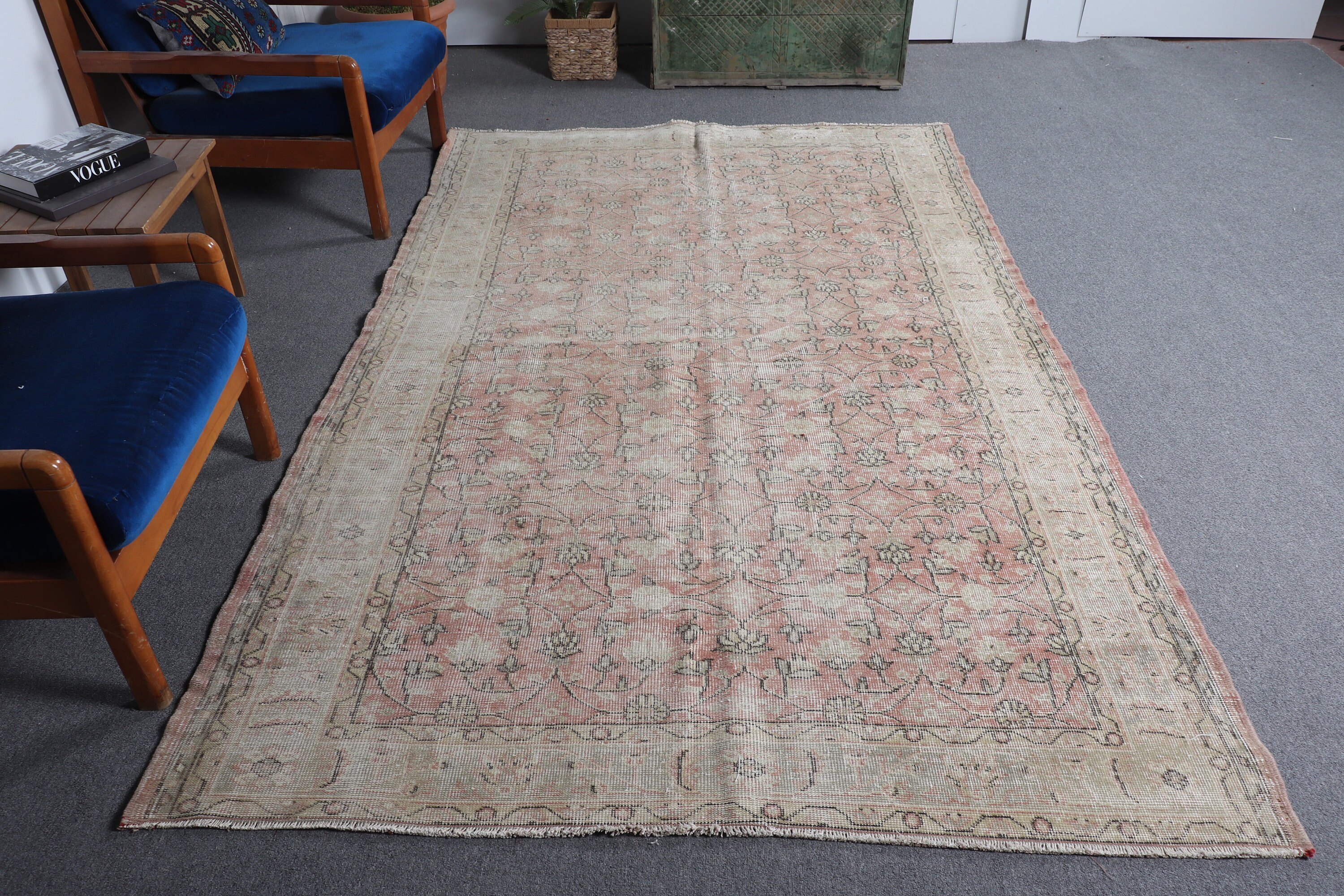 Vintage Halı, Yün Halı, Salon Halıları, Havalı Halılar, Eski Halılar, Türk Halısı, Salon Halıları, Yatak Odası Halıları, 5.4x8.8 ft Büyük Halı, Pembe Oryantal Halılar