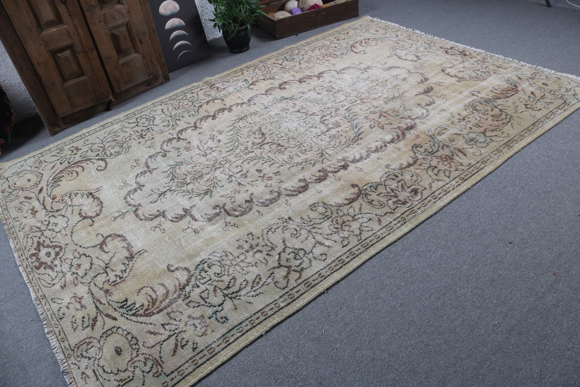 Büyük Vintage Halı, Vintage Halılar, Düz Dokuma Halı, Türk Halısı, Lüks Halılar, Kahverengi Oushak Halıları, 6.2x9.4 ft Büyük Halı, Oturma Odası Halısı