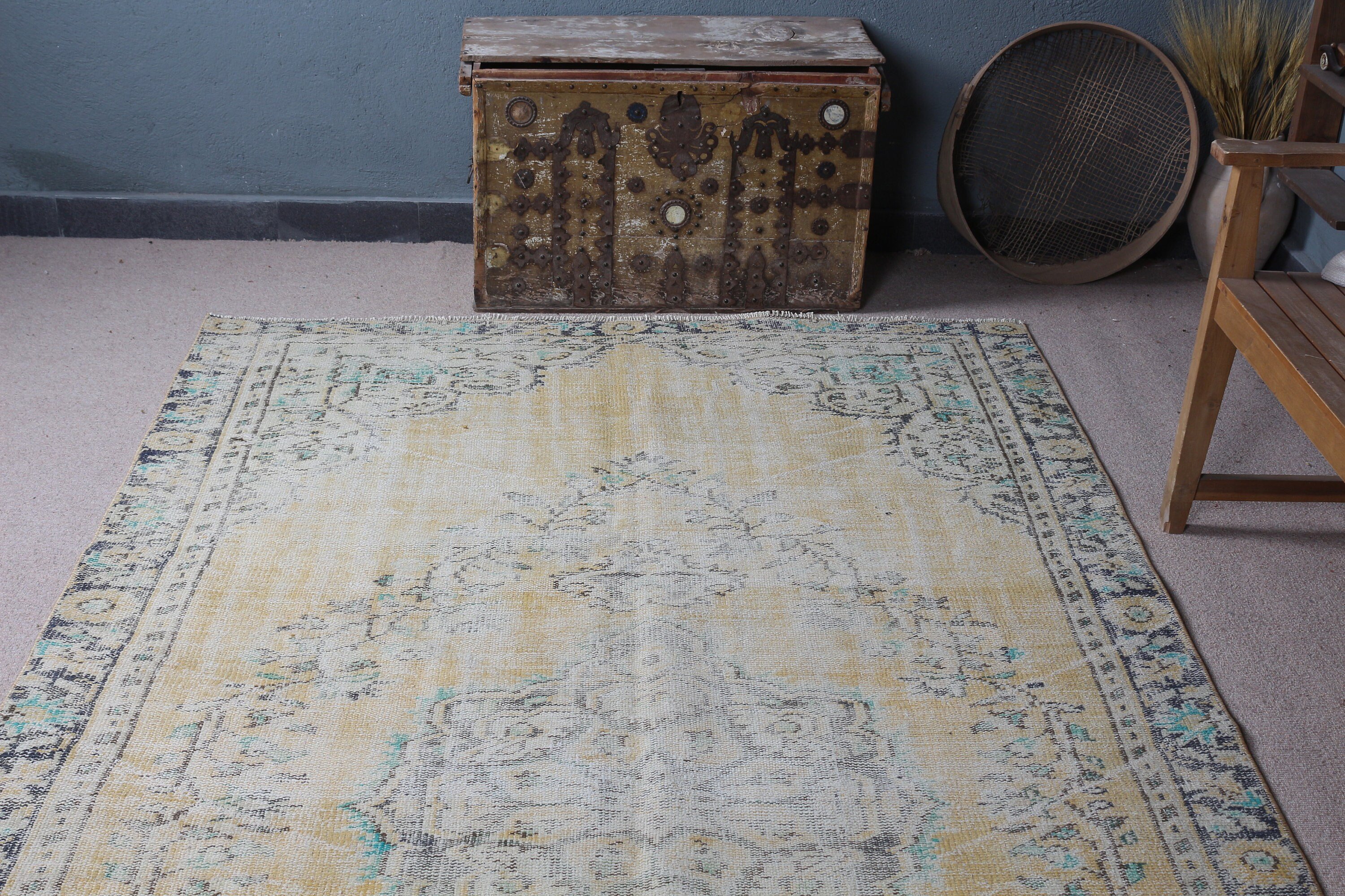 Yellow Wool Rugs, Salon Rug, Anatolian Rugs, Vintage Rugs, Turkish Rug, Antique Rug, Living Room Rug, 5.5x9.8 ft Large Rugs, Cute Rug