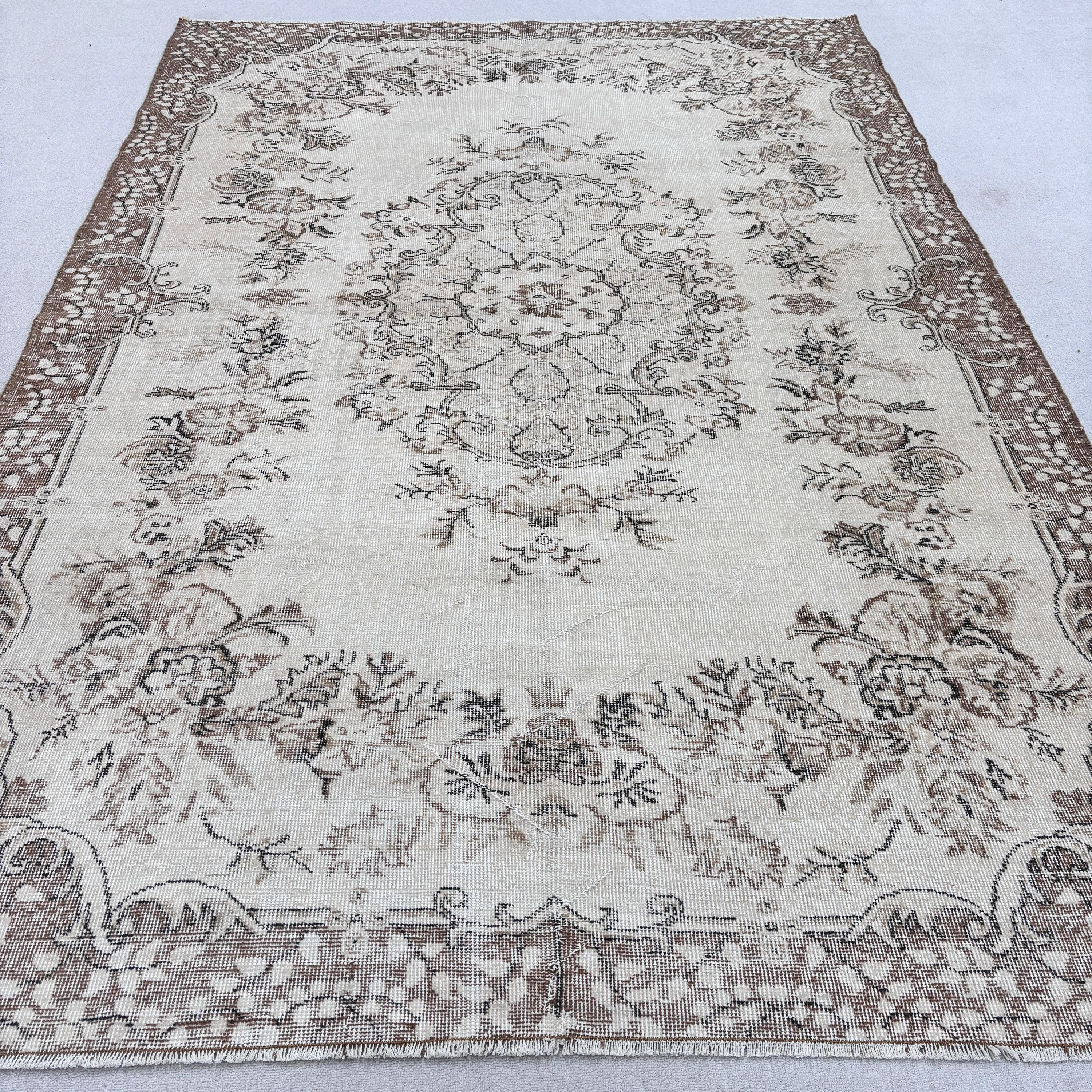 Boho Halılar, Bohem Halılar, Oushak Halı, Vintage Halı, Bej 6.5x9.6 ft Büyük Halı, Türk Halıları, Büyük Vintage Halılar, Salon Halıları