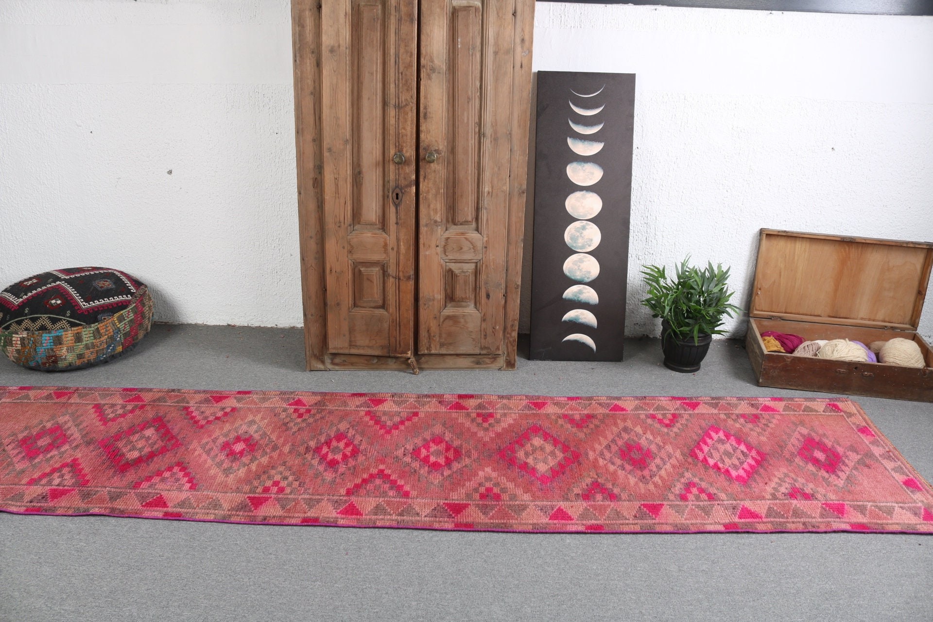 Koridor Halıları, Kahverengi Antika Halı, Uzun Yolluk Halıları, Türk Halıları, Oryantal Halı, Yer Halıları, Vintage Halı, 2,8x11,1 ft Yolluk Halısı