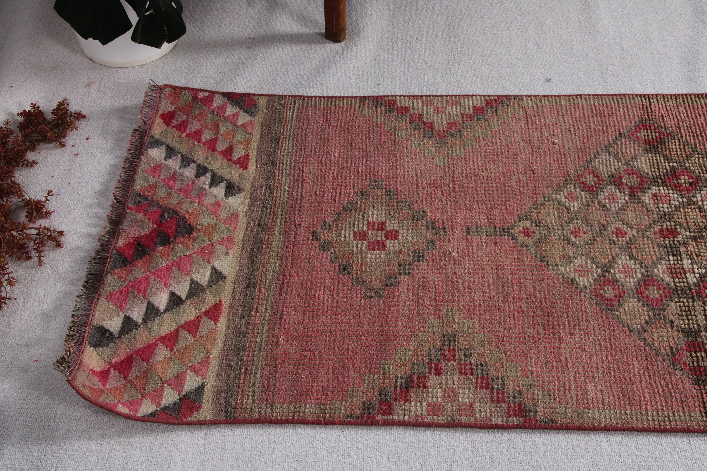 2.8x12.4 ft Runner Rugs, Bedroom Rugs, Pink Moroccan Rug, Turkish Rug, Corridor Rugs, Rugs for Beni Ourain Runner, Cool Rug, Vintage Rugs