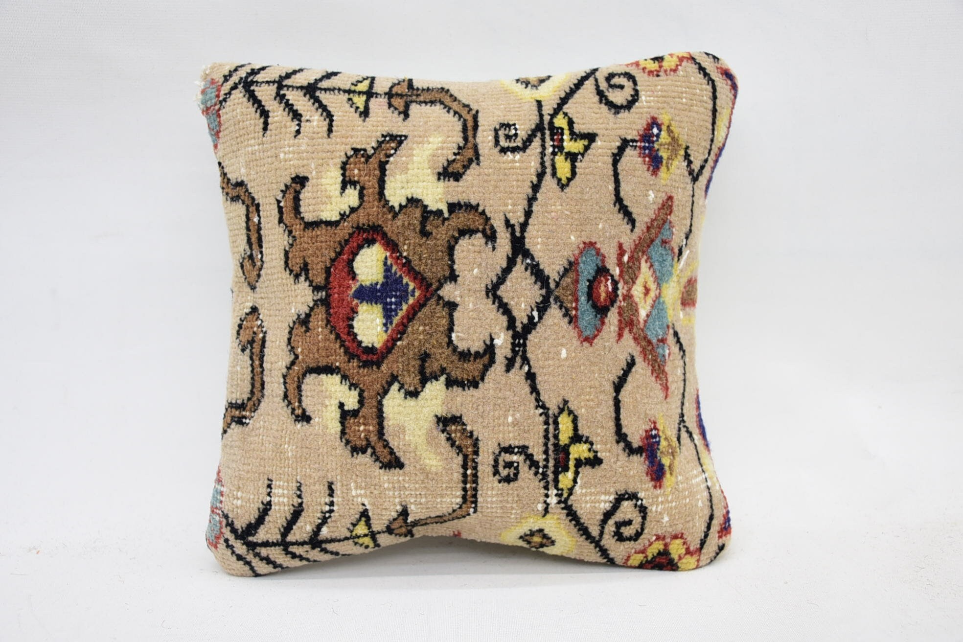 Throw Kilim Pillow, Knitted Cushion, Handmade Kilim Cushion, 12"x12" Beige Pillow Cover, Sofa Cushion Cover, Boho Pillow