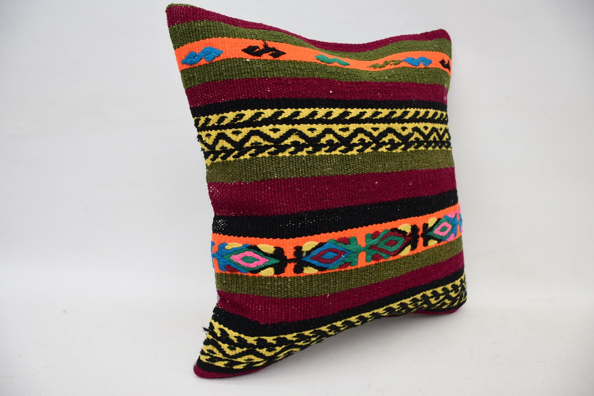 14"x14" Green Cushion Case, Vintage Kilim Throw Pillow, Turkish Kilim Pillow, Boho Pillow, Yoga Pillow