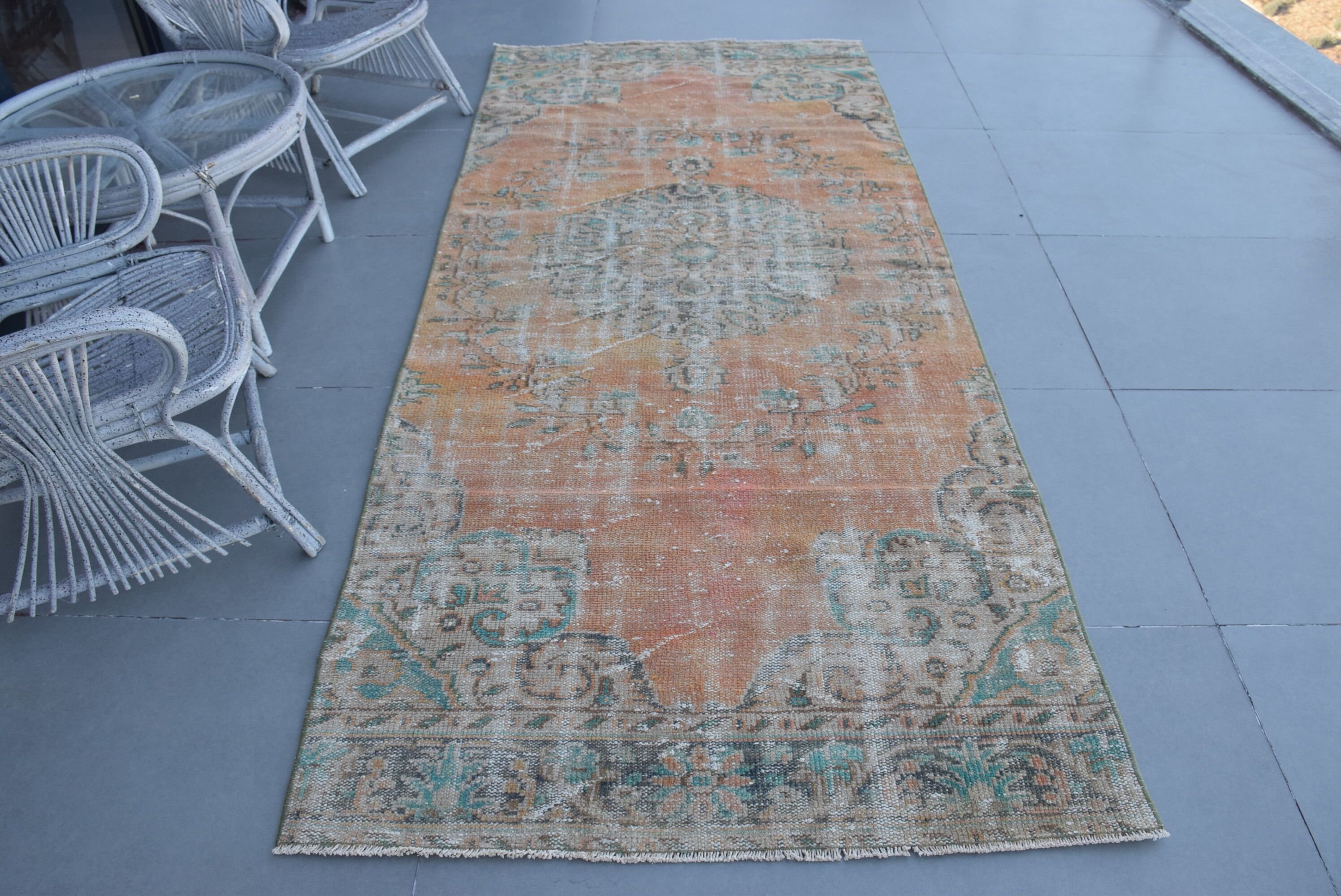 Turkish Rugs, Floor Rugs, 4x9.4 ft Area Rug, Nursery Rugs, Oushak Rug, Rugs for Indoor, Living Room Rug, Vintage Rug, Green Oriental Rug