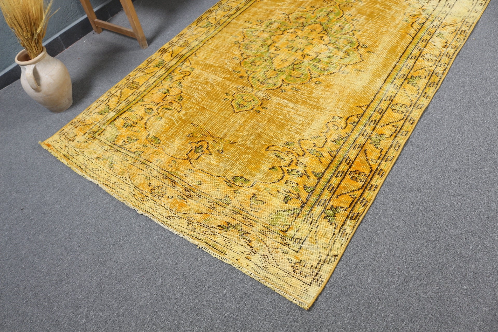 Indoor Rug, Rugs for Floor, Turkish Rugs, Distressed Rug, Oushak Rugs, 4.8x8.3 ft Area Rugs, Bedroom Rugs, Vintage Rug, Yellow Oushak Rug