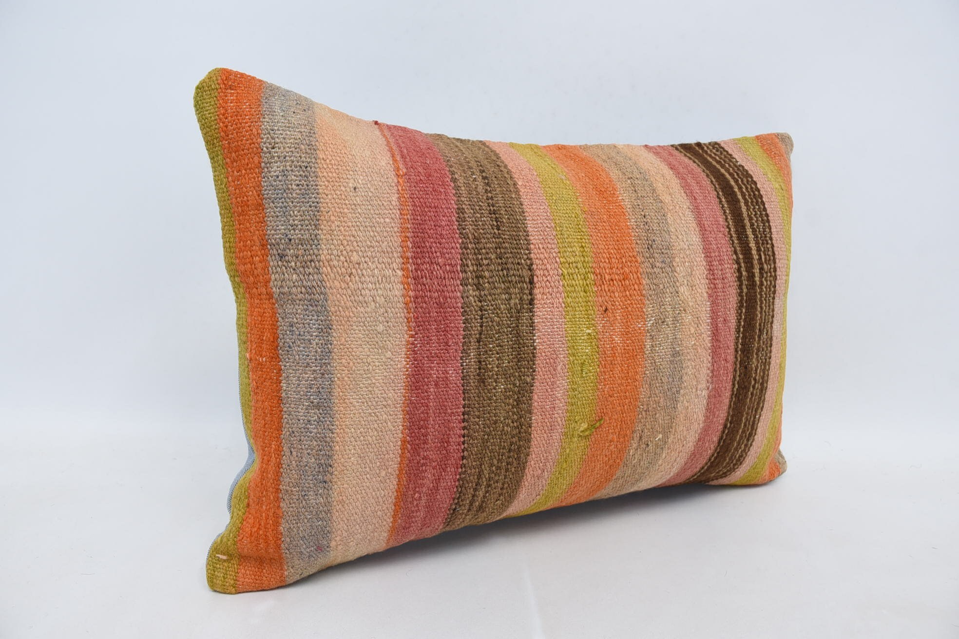 Ethnical Kilim Rug Pillow, Turkish Kilim Pillow, 16"x24" Orange Pillow Sham, Outdoor Bolster Pillow, Pillow for Couch