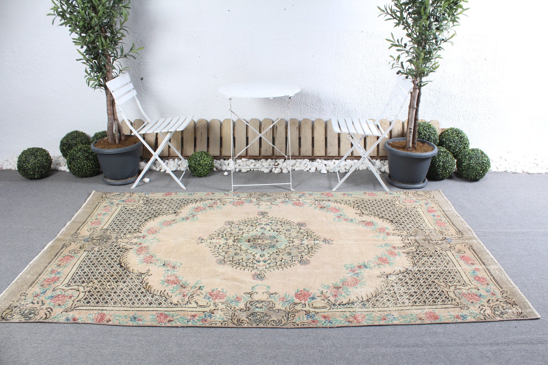 Yün Halı, Bej Ev Dekor Halısı, Yurt Halısı, Vintage Halılar, Türk Halısı, Salon Halıları, Yemek Odası Halısı, 4.8x8.6 ft Büyük Halı