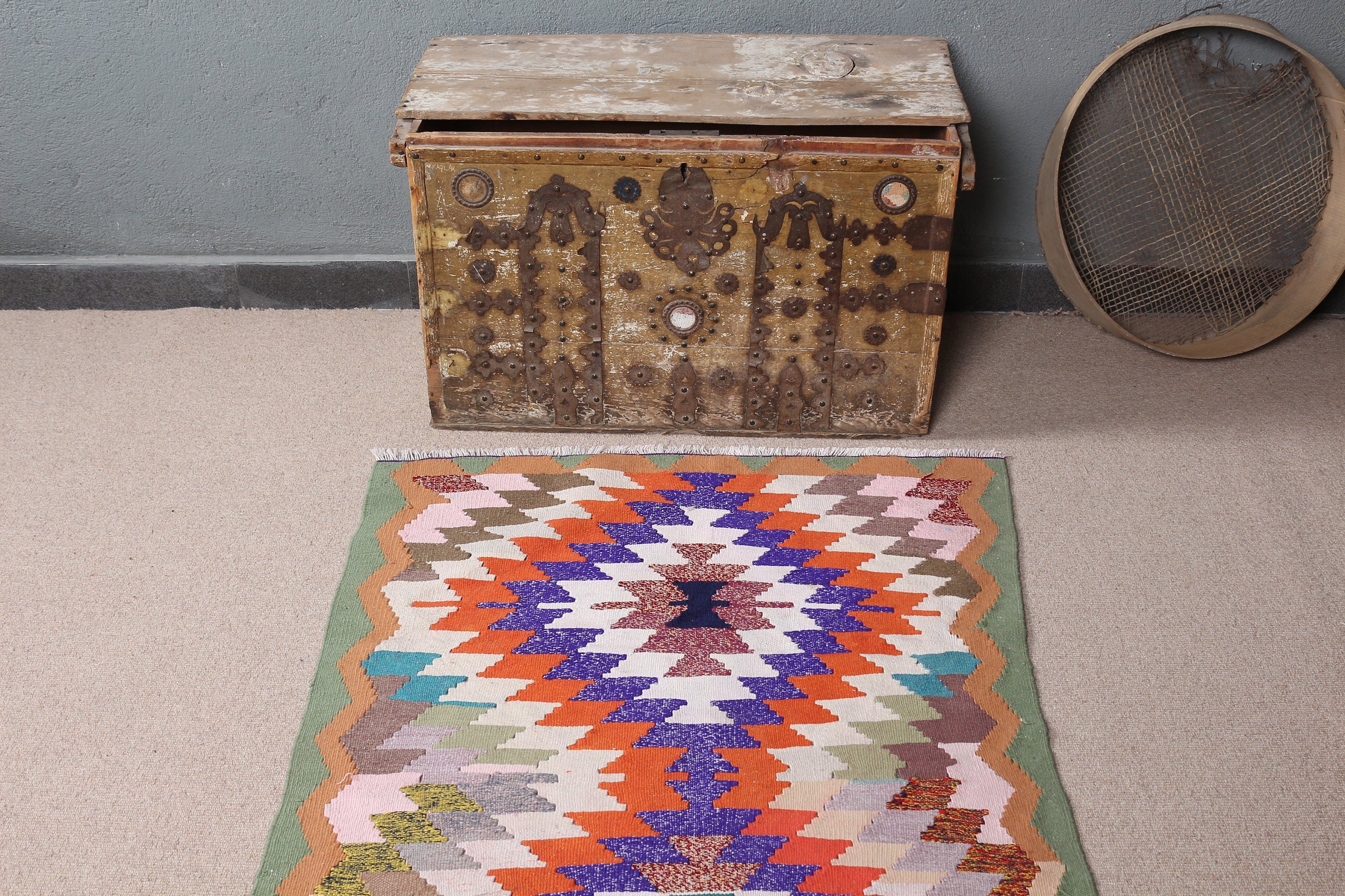 Turkish Rugs, Vintage Rug, Entry Rug, Bath Rug, Rugs for Nursery, Orange Wool Rug, Kilim, Antique Rug, Oushak Rug, 3.2x3.1 ft Small Rug