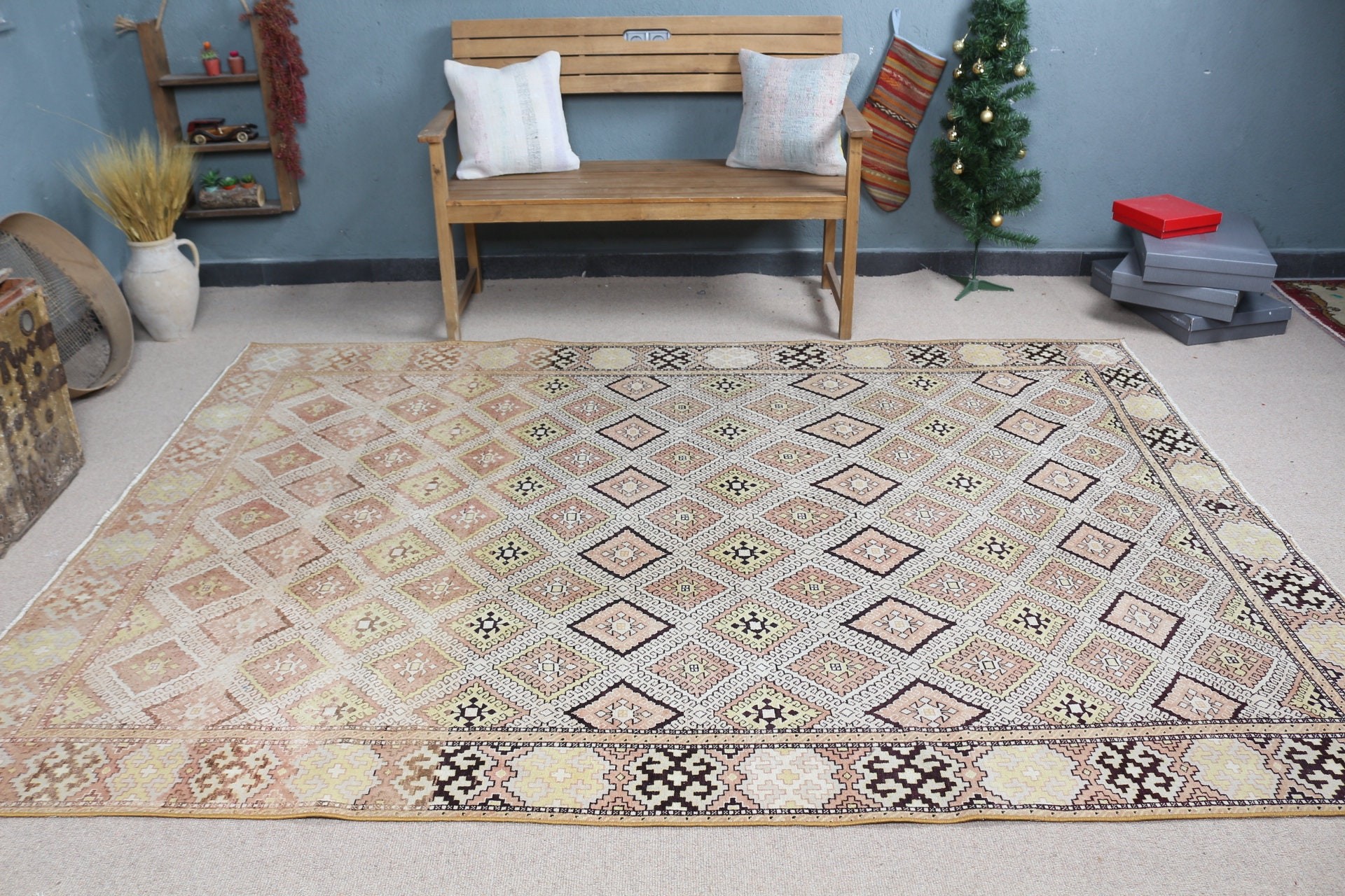 Organic Rug, Living Room Rugs, 6.3x9 ft Large Rug, Bedroom Rug, Beige Kitchen Rug, Antique Rugs, Vintage Rug, Turkish Rugs, Dining Room Rug