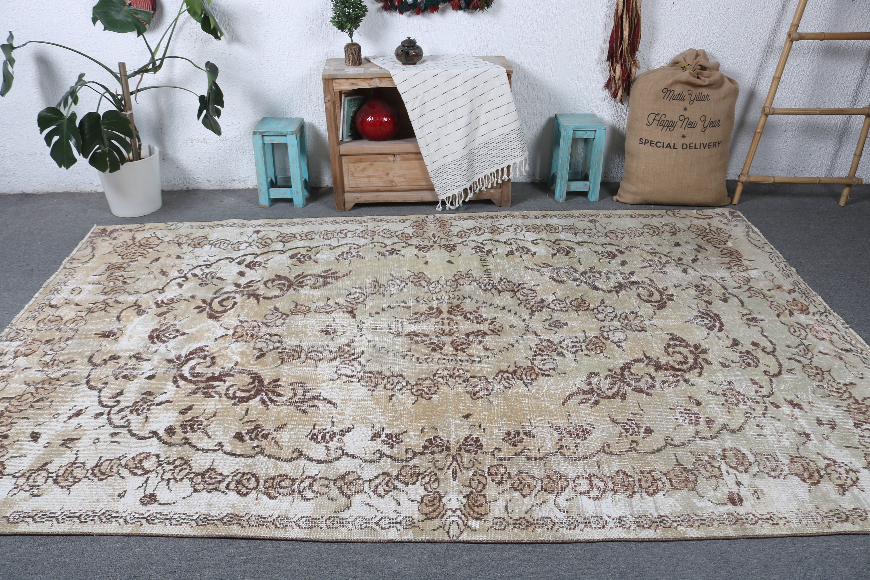 5.7x9.6 ft Büyük Halılar, Yemek Odası Halısı, El Dokuma Halı, Kahverengi Geometrik Halı, Mutfak Halısı, Vintage Halı, Salon Halısı, Türk Halısı, Oushak Halısı