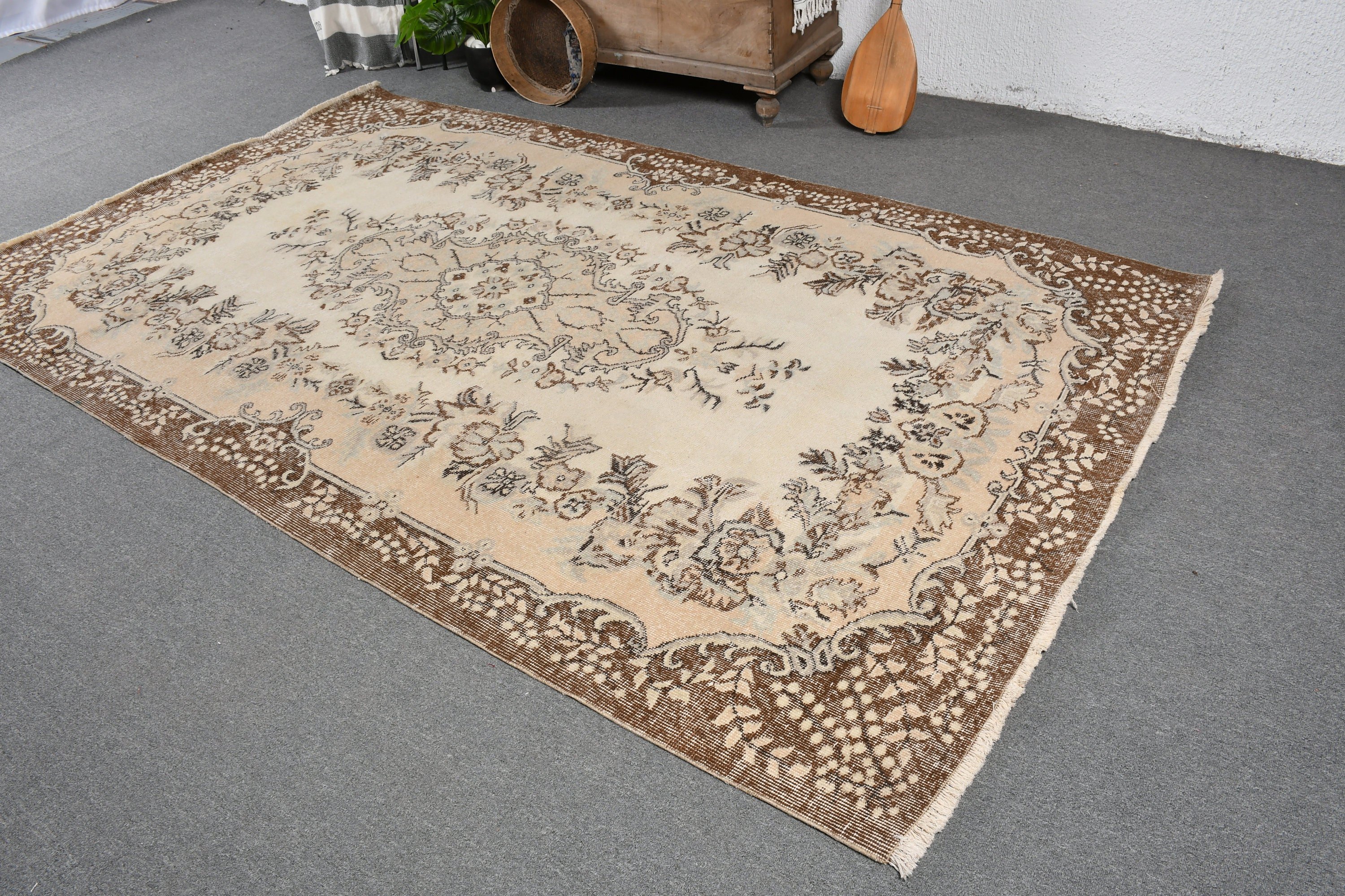 Bej Ev Dekor Halıları, Salon Halısı, 5.8x9.6 ft Büyük Halı, Göçebe Halıları, Türk Halısı, Oushak Halısı, Vintage Halı, Oturma Odası Halısı, Anadolu Halısı