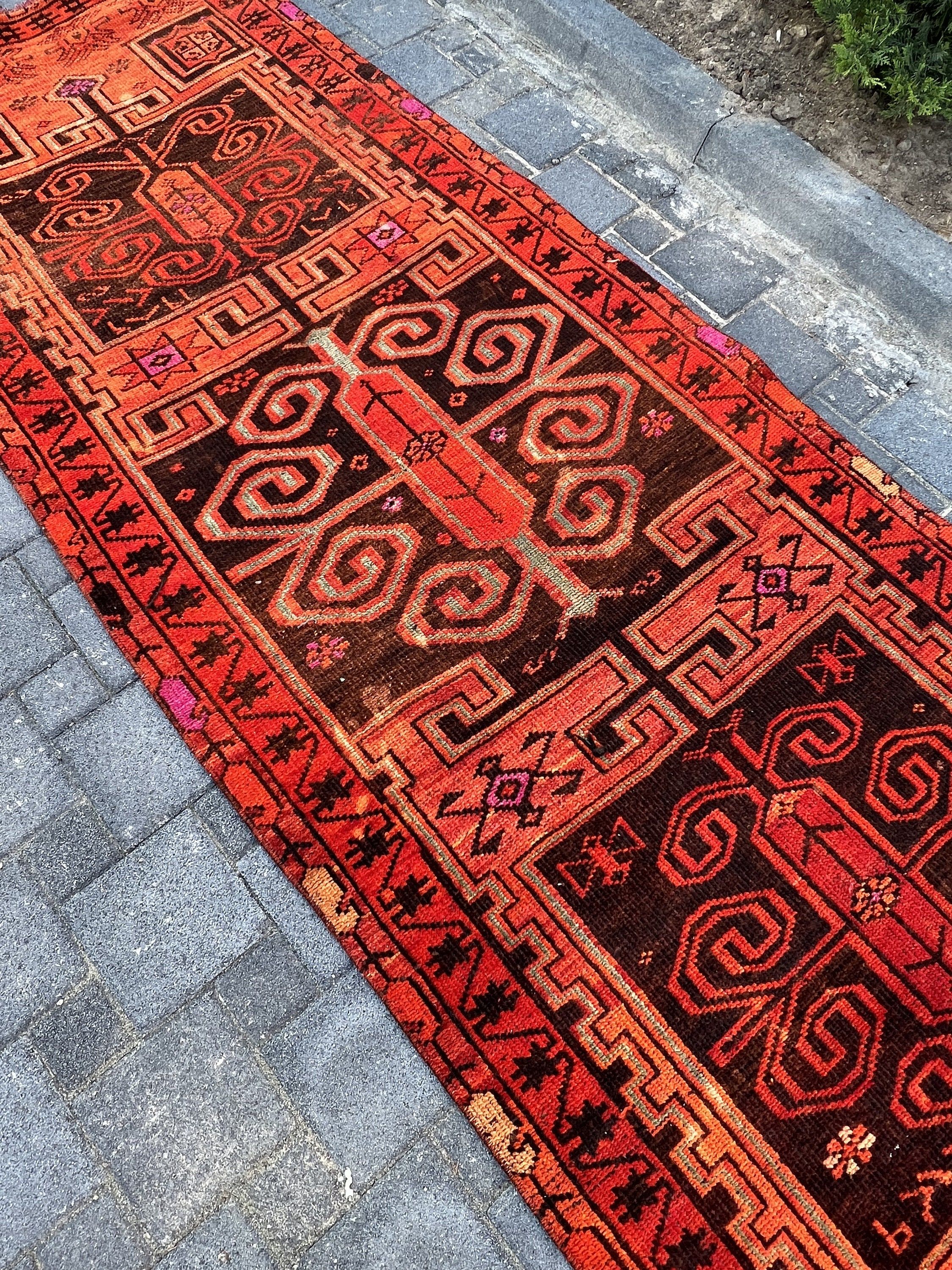 Türk Halısı, Turuncu 3.7x11.6 ft Runner Halısı, Anadolu Halıları, Koridor Halıları, Yurt Halısı, Vintage Halı, Oushak Halısı, Koridor Halısı