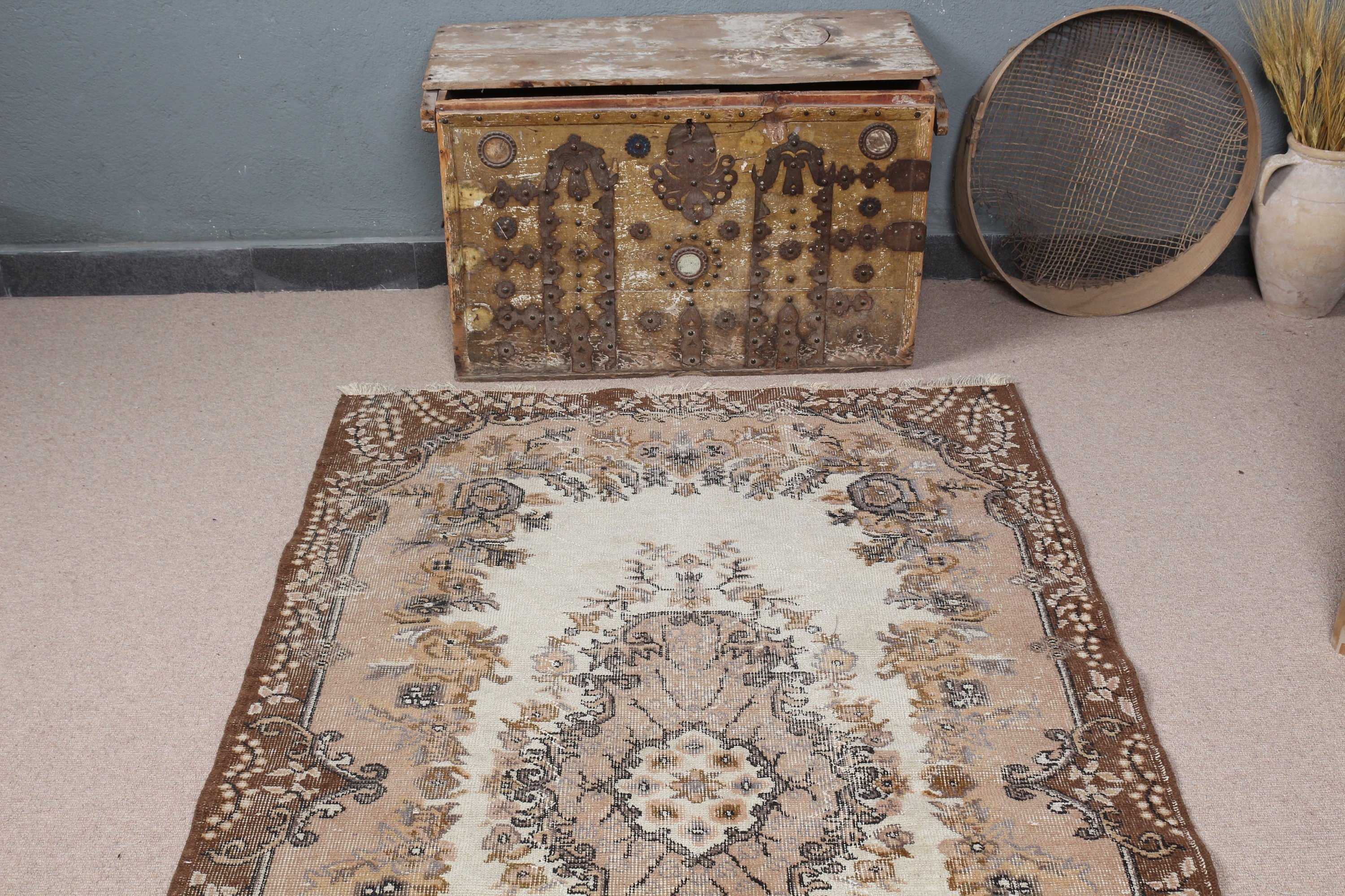 Organik Halılar, 3,8x6,5 ft Alan Halısı, Antika Halılar, İç Mekan Halıları, Yatak Odası Halısı, Vintage Halı, İç Mekan Halıları, Kahverengi Oushak Halı, Türk Halıları