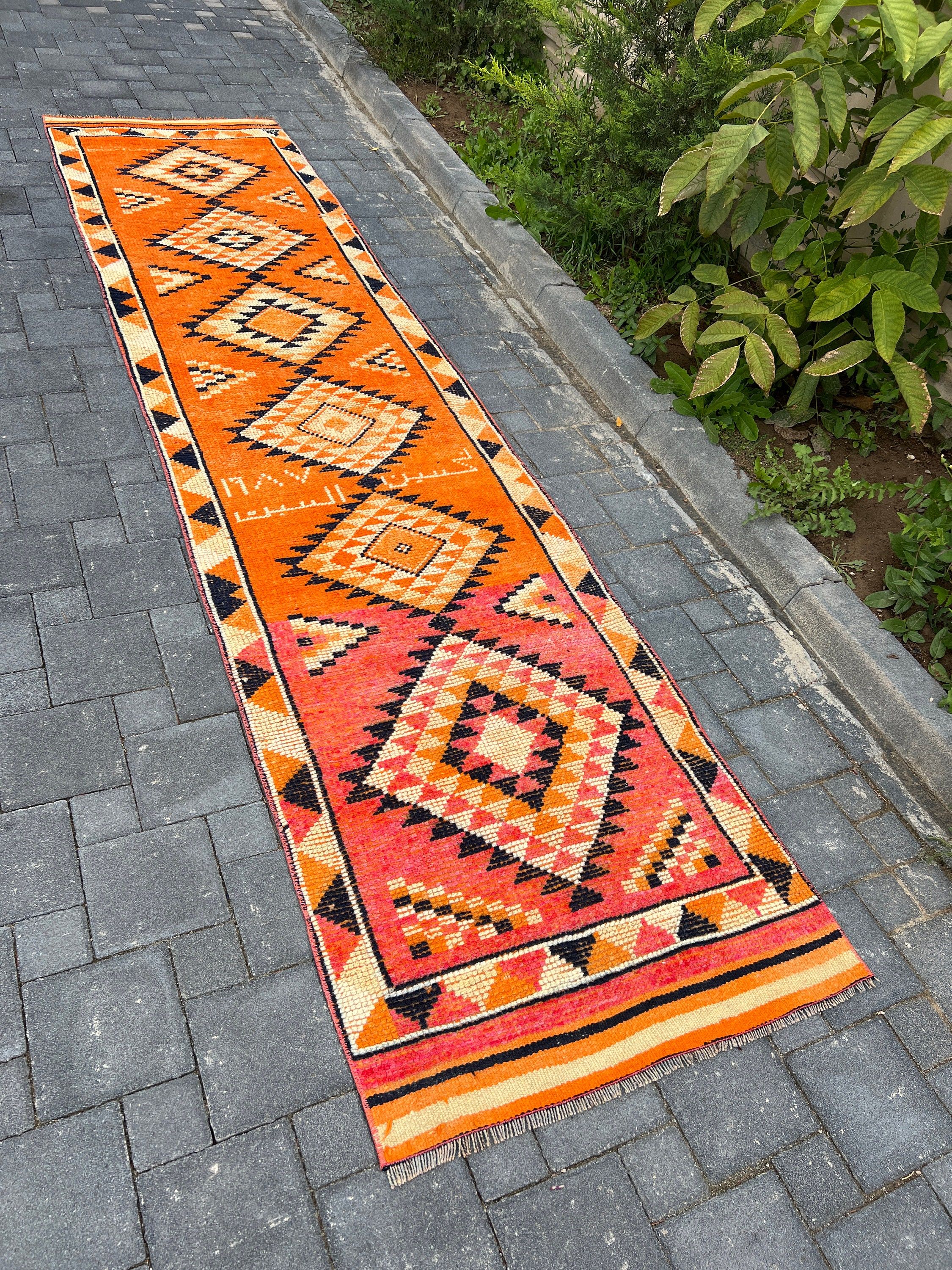 Otantik Halı, 2.9x12.4 ft Runner Halı, Vintage Halı, Türk Halıları, Mutfak Halıları, Mutfak Halıları, Ev Dekorasyonu Halıları, Turuncu Mutfak Halısı