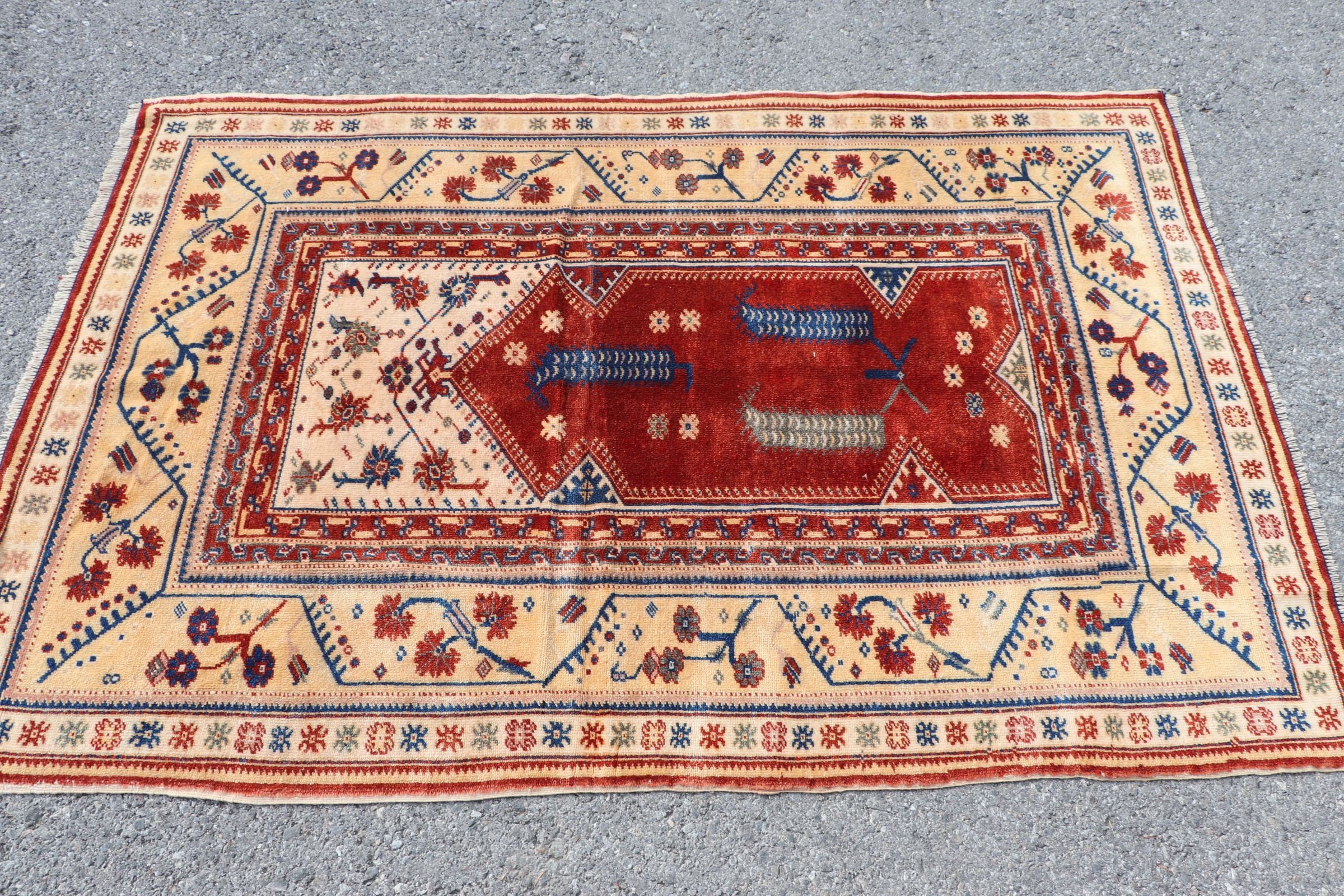 Mutfak Halısı, 3,8x5,6 ft Aksan Halısı, Kırmızı Antika Halı, Giriş Halıları, Oryantal Halı, Yatak Odası Halıları, Oushak Halıları, Türk Halısı, Vintage Halı