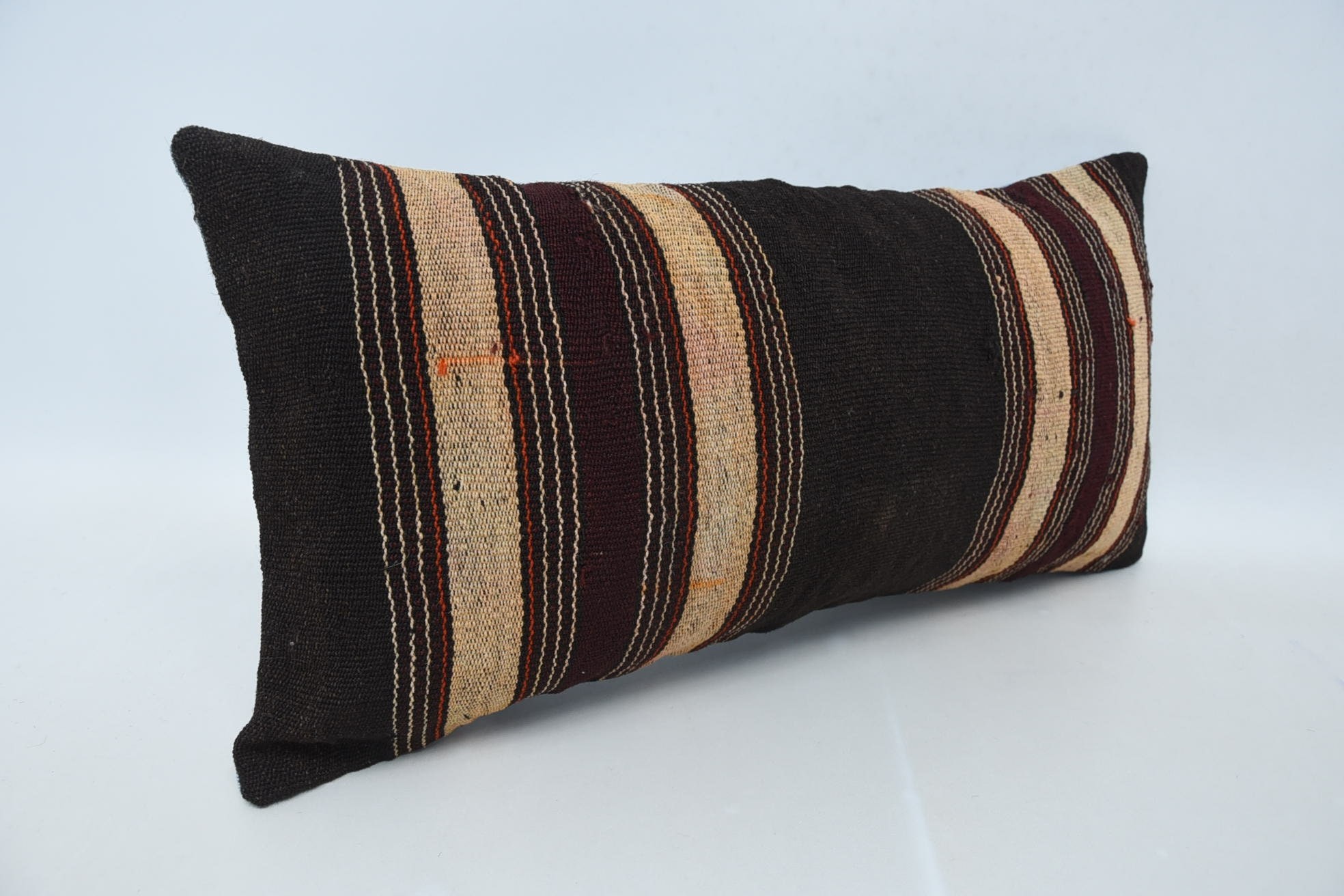 Kilim Pillow, 12"x24" Brown Cushion Case, Outdoor Bolster Pillow Case, Kilim Cushion Sham, Ethnic Cushion, Turkish Kilim Pillow