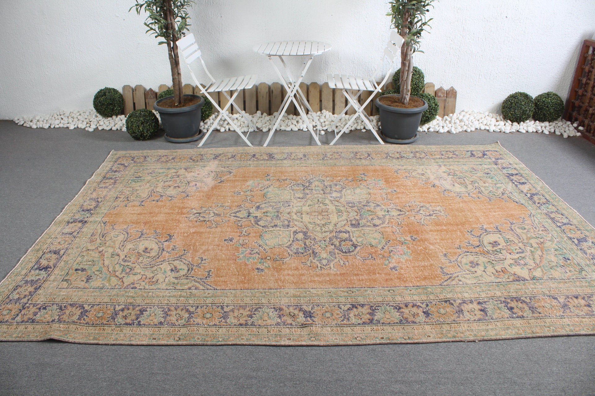 Oturma Odası Halısı, Turuncu 6.9x10.3 ft Büyük Boy Halılar, Yemek Odası Halısı, Vintage Halılar, Oushak Halısı, Ev Dekorasyonu Halısı, Türk Halıları