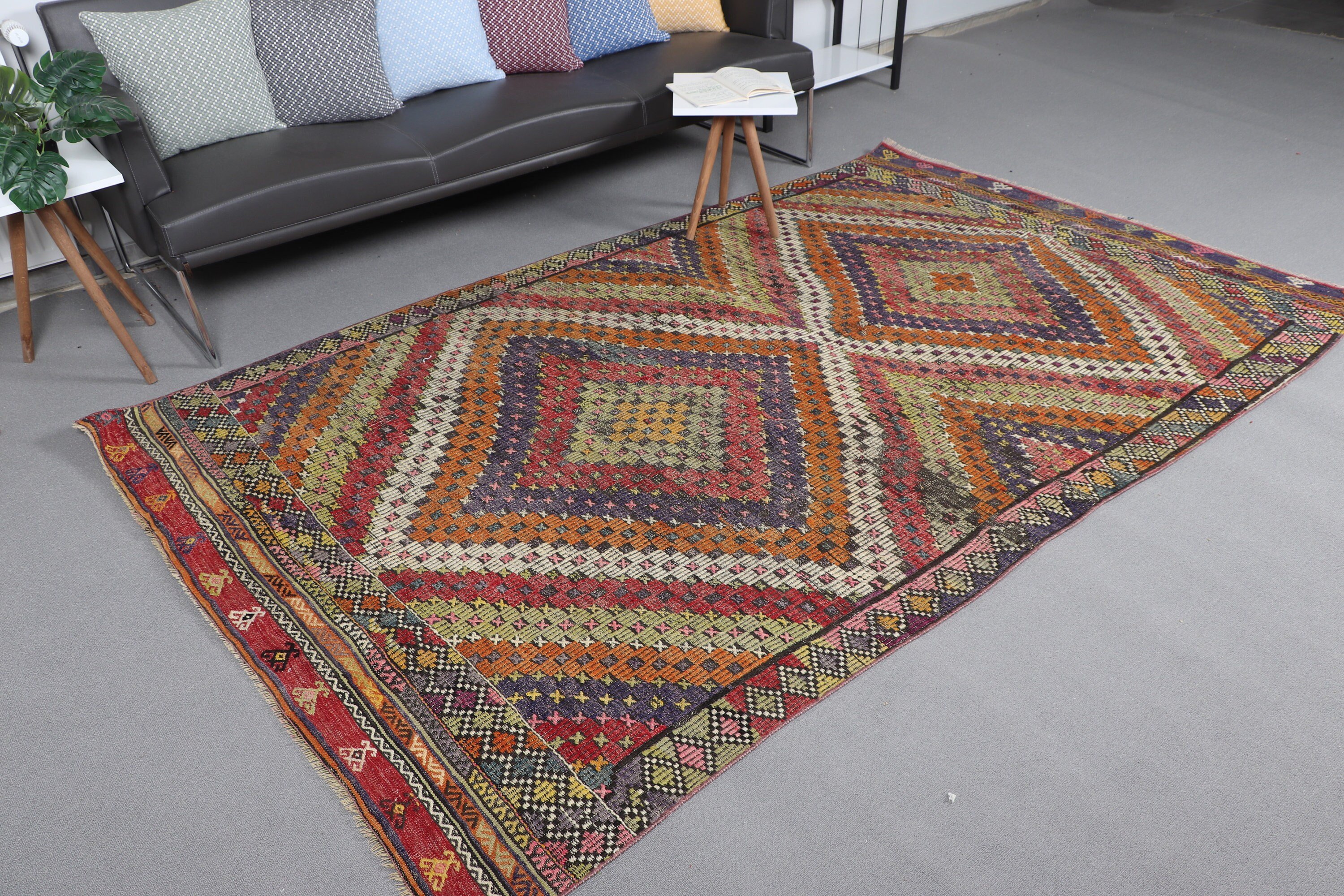 Kilim, Oushak Halıları, Eskitilmiş Halı, Oryantal Halılar, Yatak Odası Halısı, Salon Halısı, Yeşil Yün Halıları, Türk Halısı, 5.4x8.6 ft Büyük Halı, Vintage Halı