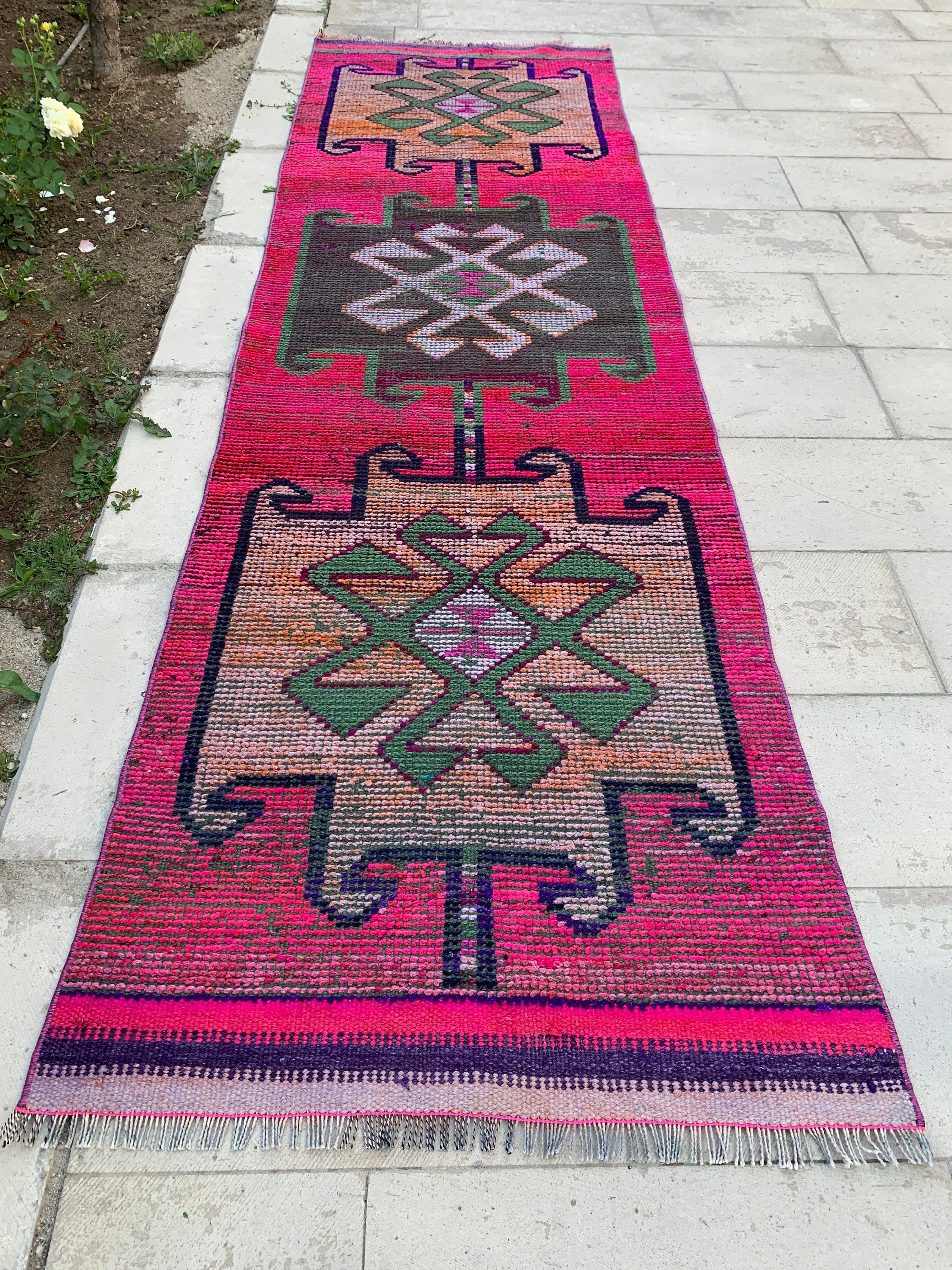 Türk Halısı, 3x10.5 ft Yolluk Halıları, Ev Dekorasyonu Halısı, Yün Halısı, Pembe Mutfak Halıları, Vintage Halı, Koridor Halıları, Mutfak Halıları, Eski Halı