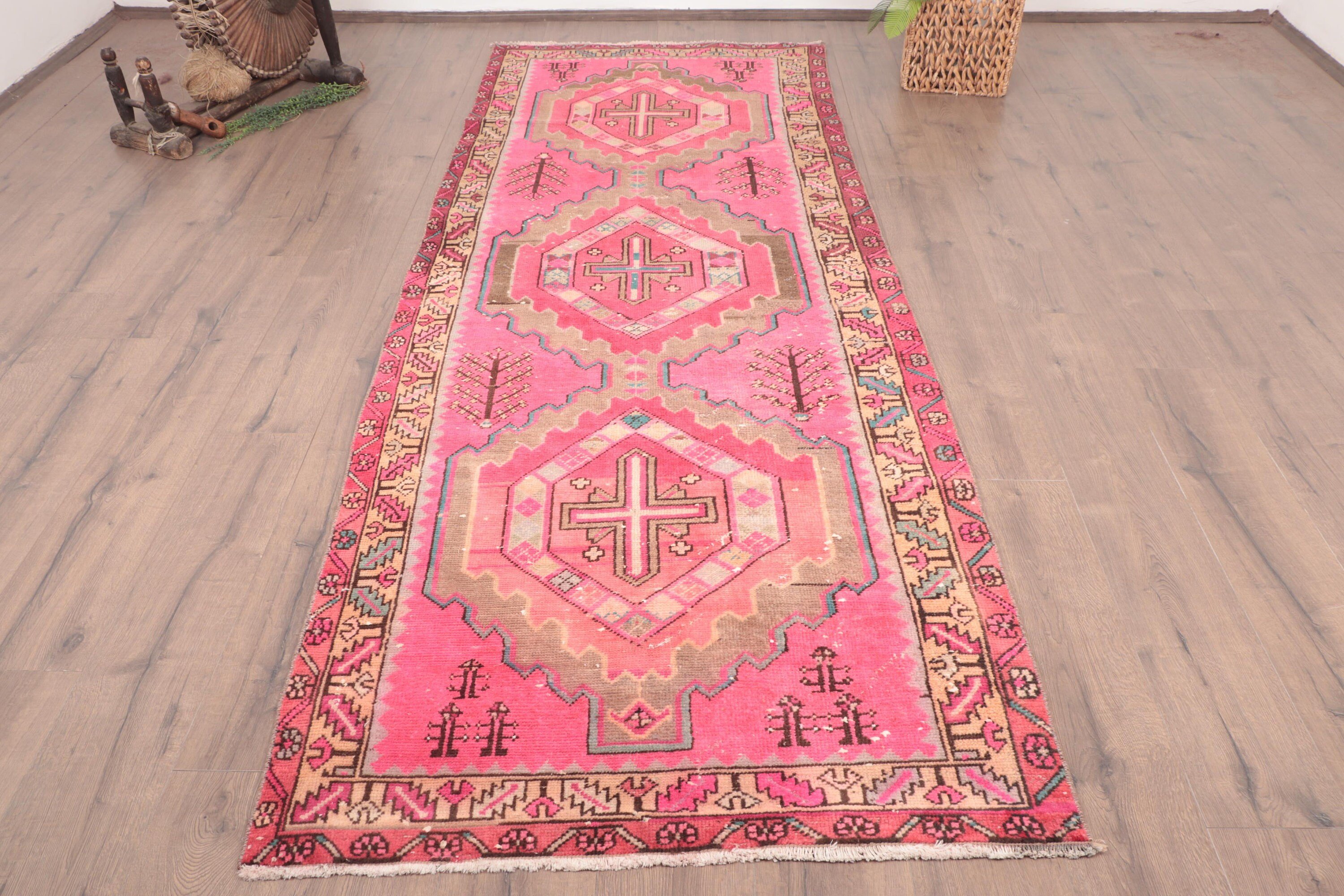 Vintage Runner Halıları, Yer Halısı, Geometrik Halı, Türk Halısı, 3,4x9,4 ft Runner Halısı, Vintage Halı, Oryantal Halı, Koridor Halısı, Pembe Modern Halı