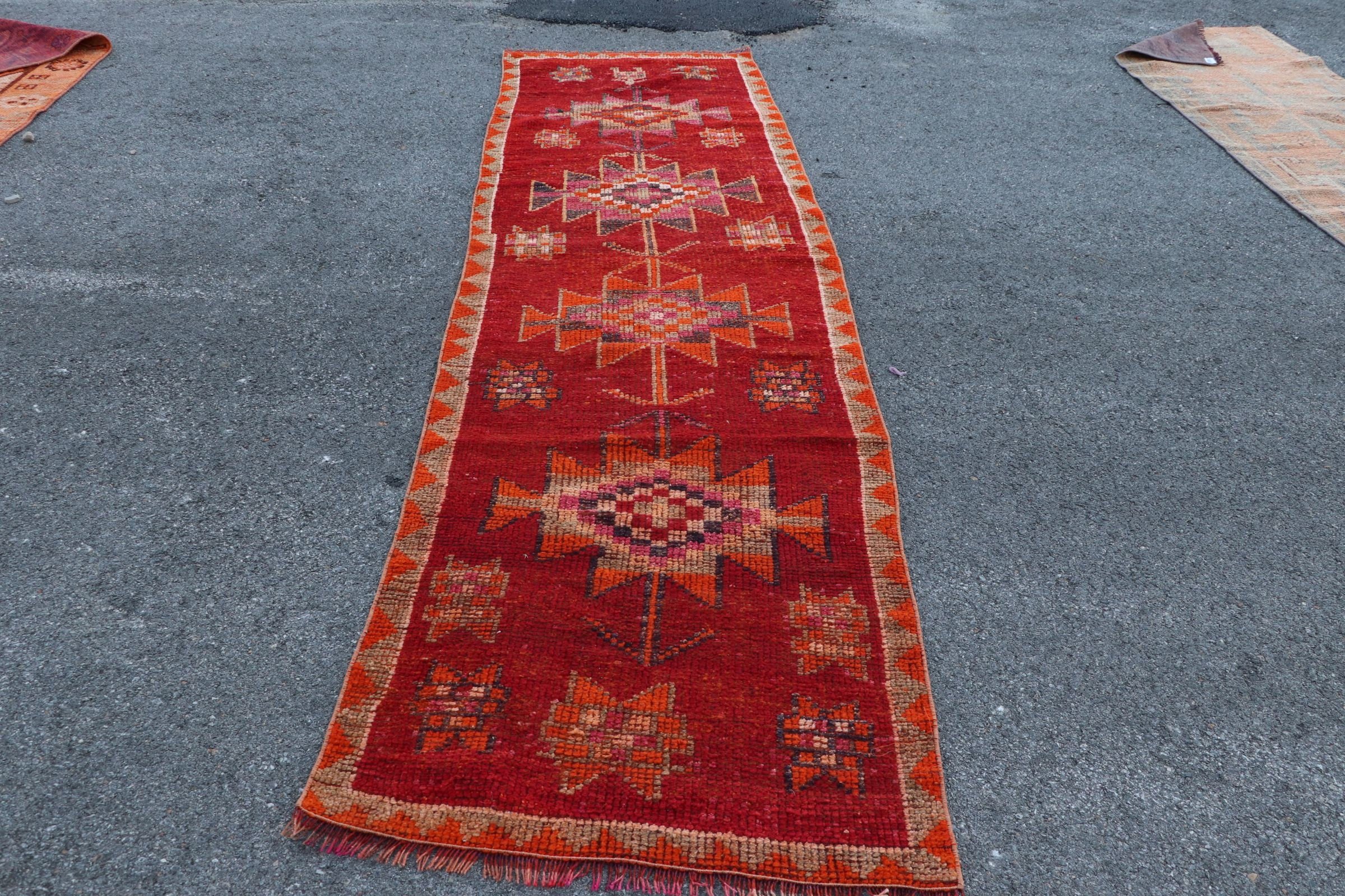 Red Oriental Rugs, Turkish Rug, Rugs for Runner, Anatolian Rug, 3x10.2 ft Runner Rug, Corridor Rug, Vintage Rug, Bright Rug, Floor Rugs