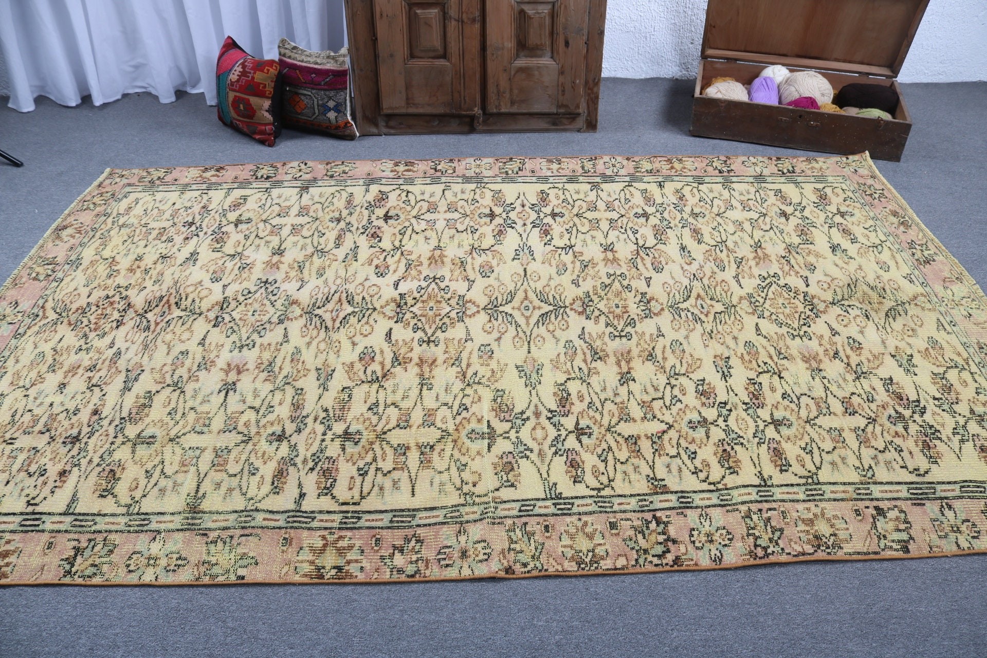 Büyük Vintage Halı, Egzotik Halı, Oturma Odası Halıları, 5.4x8.9 ft Büyük Halılar, Yün Halı, Sarı Boho Halı, Havalı Halılar, Türk Halısı, Vintage Halılar