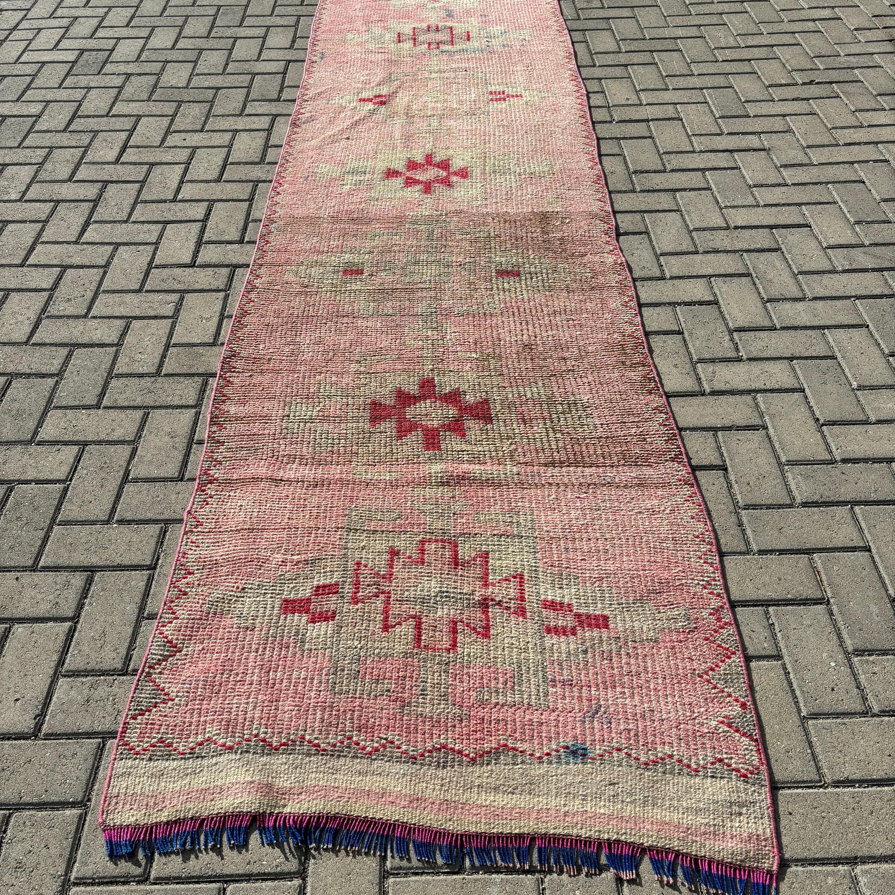 3x11.5 ft Runner Halı, Mutfak Halıları, Yün Halı, Vintage Halılar, Merdiven Halısı, Boho Halıları, Türk Halıları, Pembe Modern Halı, Uzun Koşucu Halıları