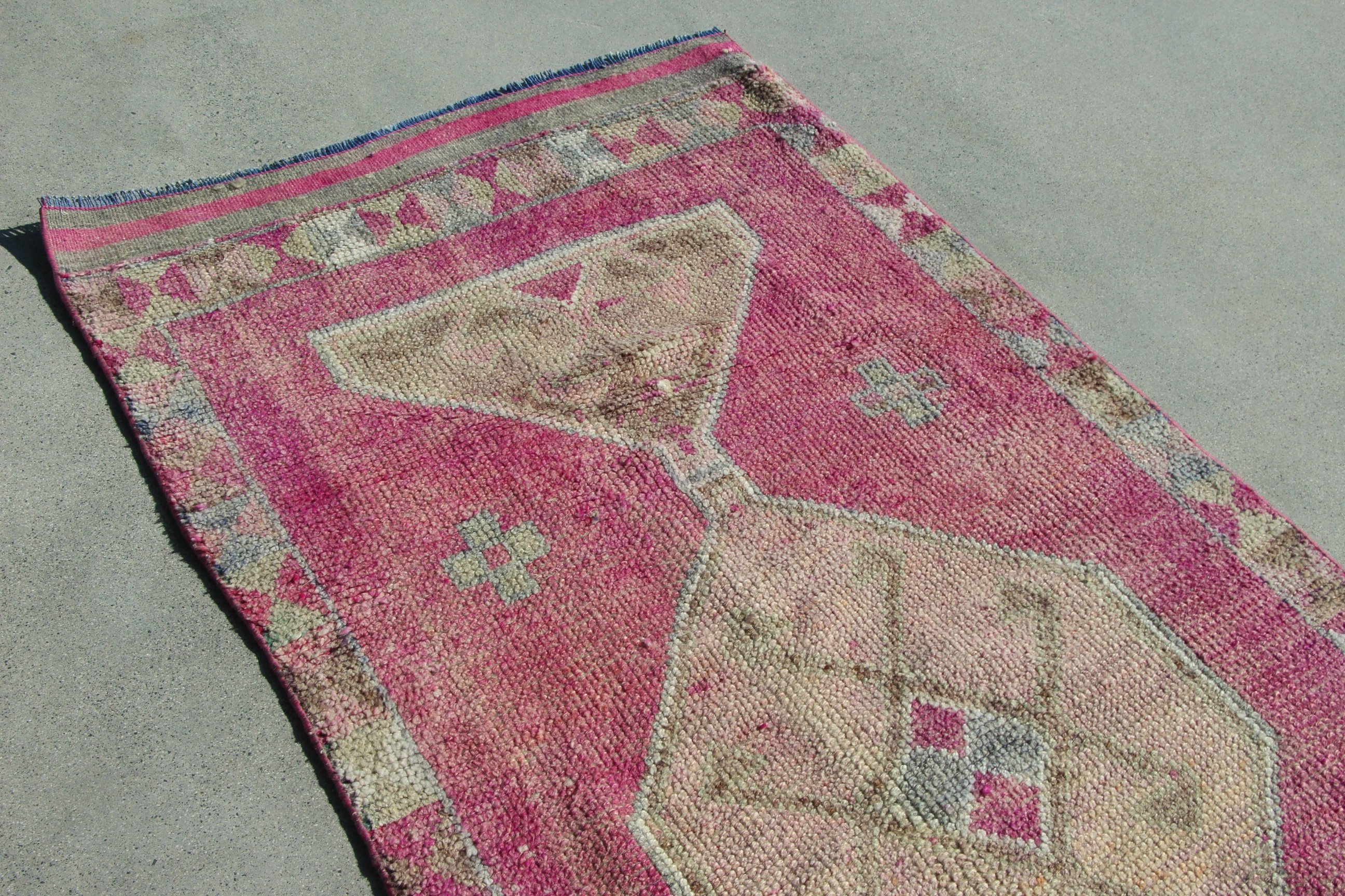 Yün Halı, Türk Halısı, Vintage Yolluk Halısı, Vintage Halılar, 3,1x11,3 ft Runner Halıları, Pembe Geometrik Halı, Merdiven Halısı, Lüks Halılar, Oryantal Halılar