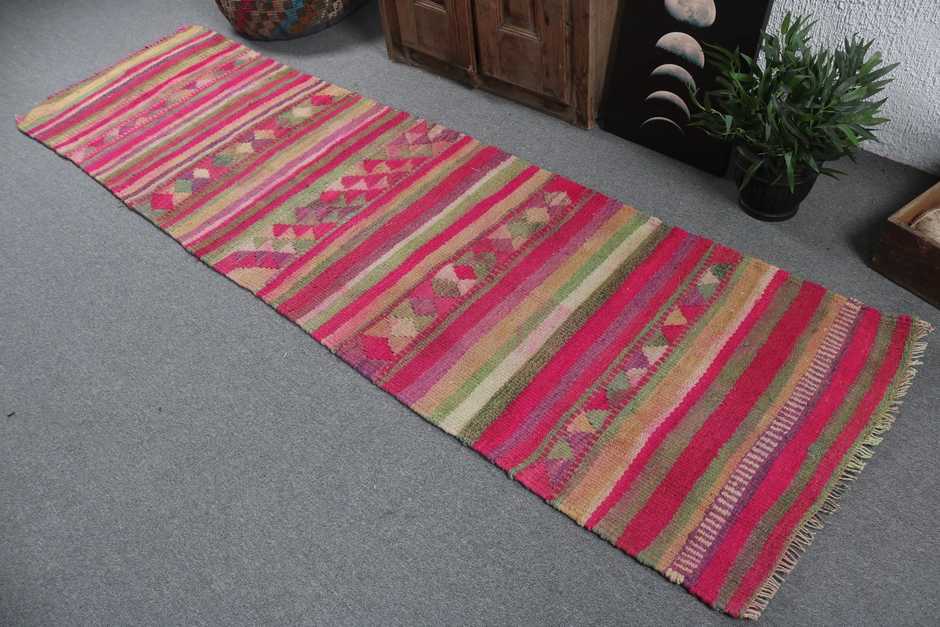 2.7x9.4 ft Runner Halı, Oushak Halıları, Uzun Yolluk Halısı, Vintage Runner Halıları, Modern Halılar, Vintage Halılar, Türk Halıları, Pembe Düz Dokuma Halı