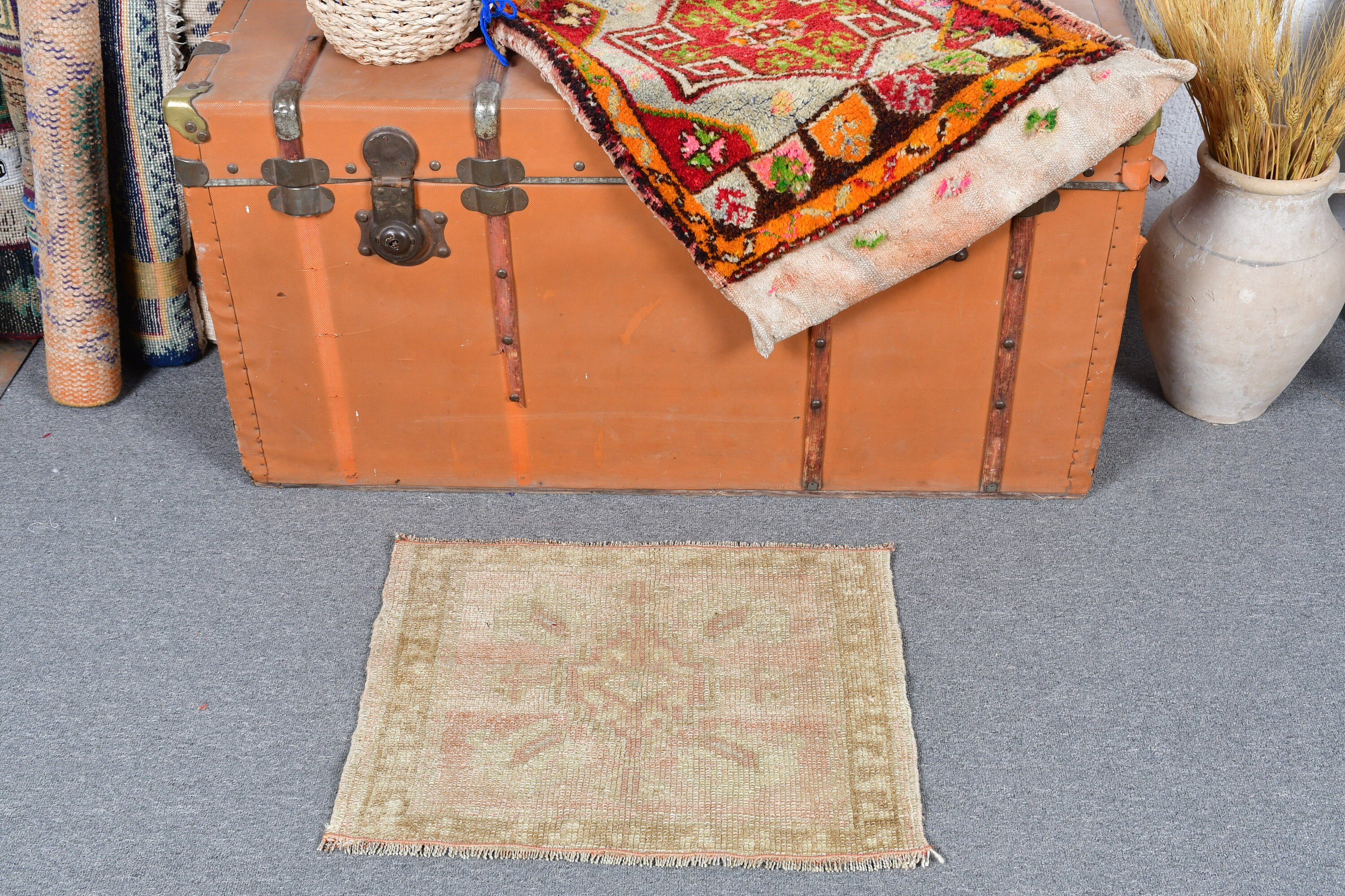 Vintage Rug, Turkish Rugs, Car Mat Rug, Moroccan Rug, Aesthetic Rug, Bedroom Rug, 1.4x1.8 ft Small Rug, Green Oriental Rug, Kitchen Rugs