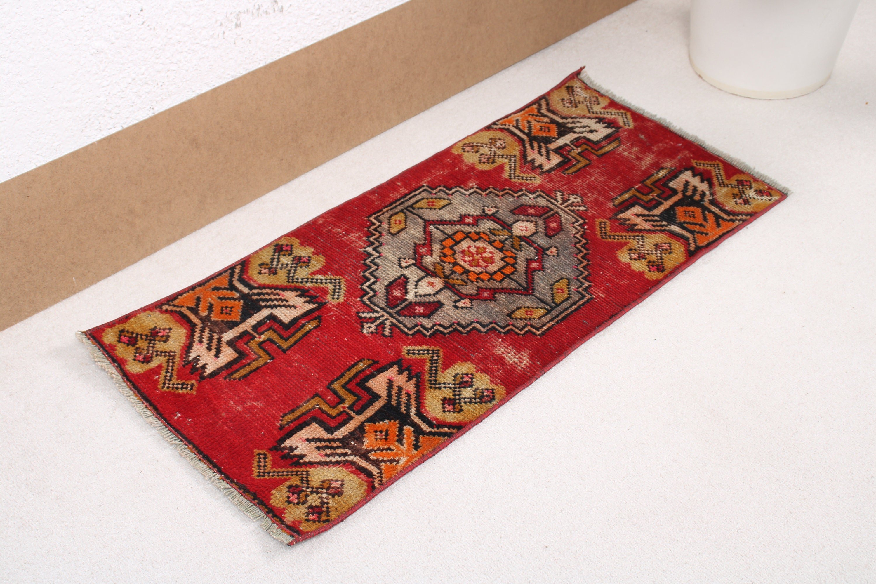 Oriental Rug, Entry Rugs, 1.4x3 ft Small Rug, Vintage Rug, Rugs for Door Mat, Red Geometric Rug, Flatweave Rug, Bath Rugs, Turkish Rug