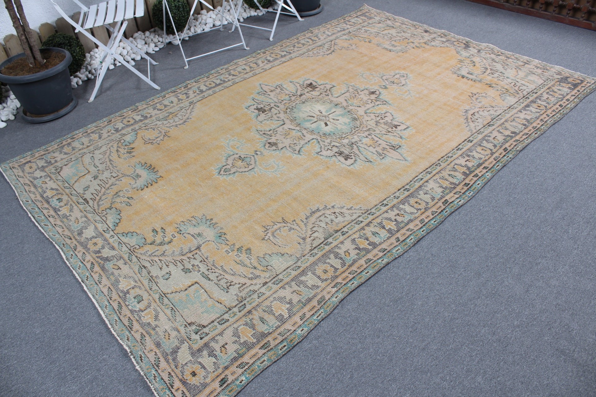 Sarı Oryantal Halılar, 5.9x9.2 ft Büyük Halılar, Türk Halısı, Havalı Halılar, Yemek Odası Halıları, Salon Halıları, Oushak Halıları, Salon Halısı, Vintage Halı