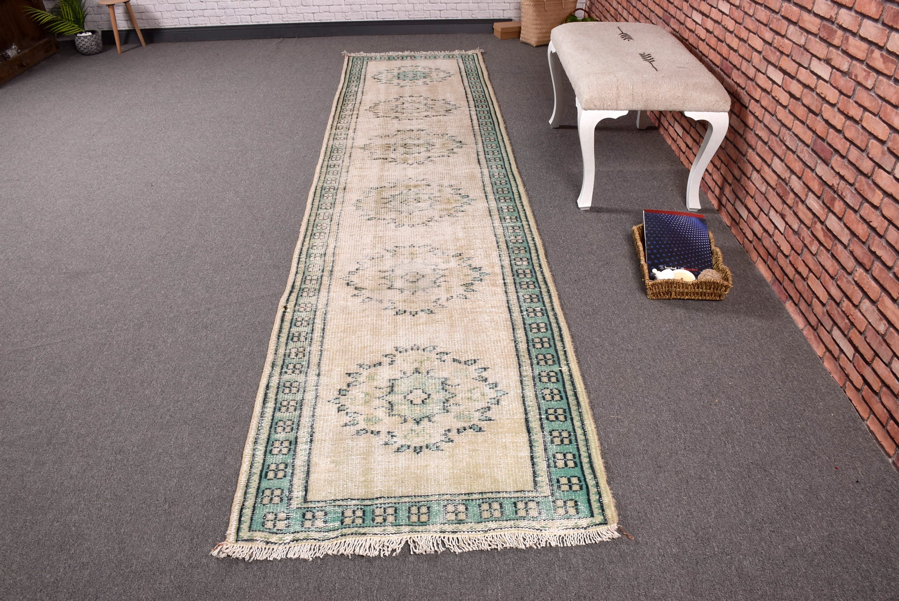 Vintage Runner Halıları, Türk Halısı, Boho Halısı, Vintage Halısı, Uzun Koşucu Halıları, Bej İfade Halıları, 2,7x11,3 ft Runner Halısı