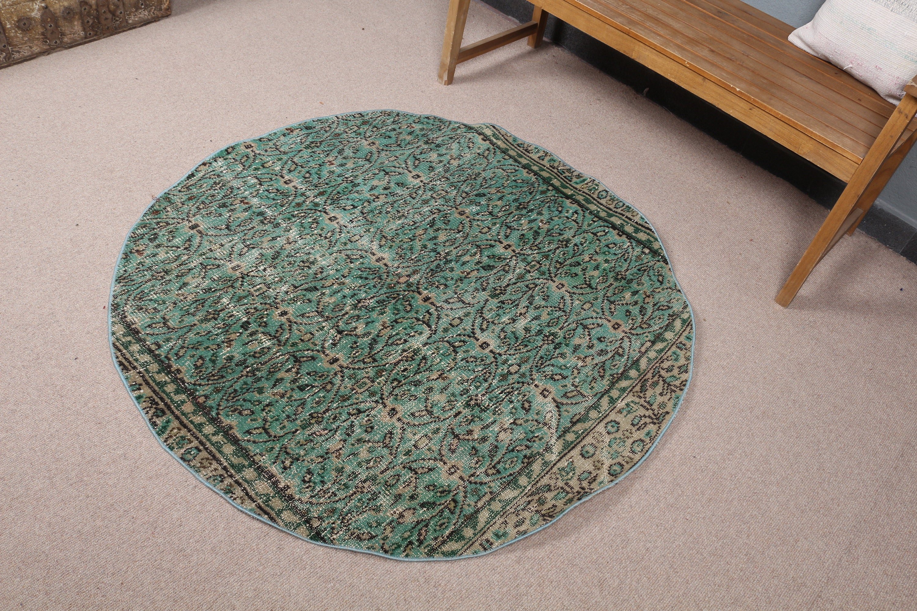 Bedroom Rug, Vintage Rug, Rugs for Kitchen, 4.3x4.3 ft Accent Rug, Green Anatolian Rugs, Antique Rug, Entry Rug, Oushak Rugs, Turkish Rug