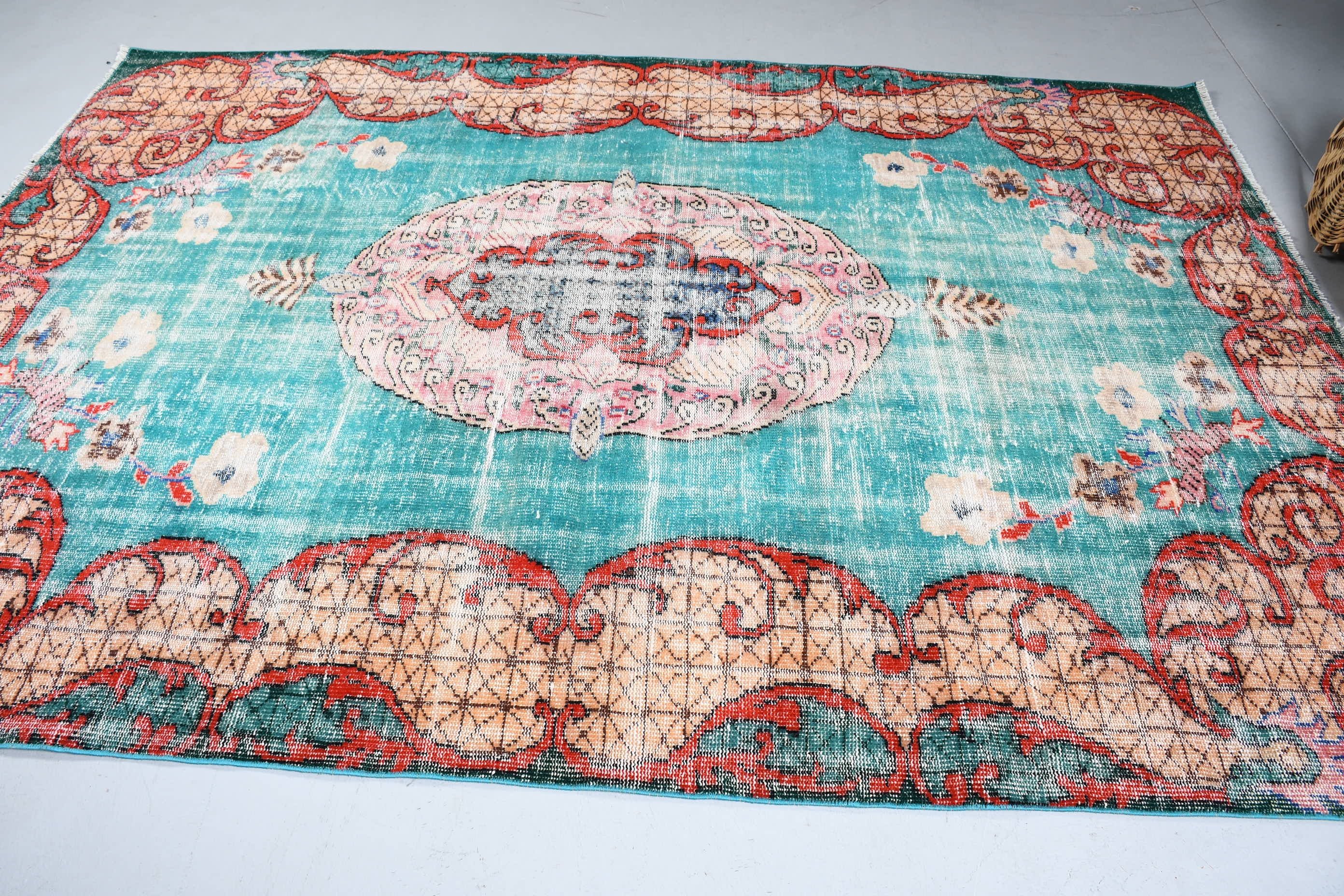 Bedroom Rug, Turkish Rug, 6.7x9.4 ft Large Rugs, Floor Rug, Vintage Rugs, Living Room Rug, Home Decor Rug, Blue Oushak Rugs, Kitchen Rug