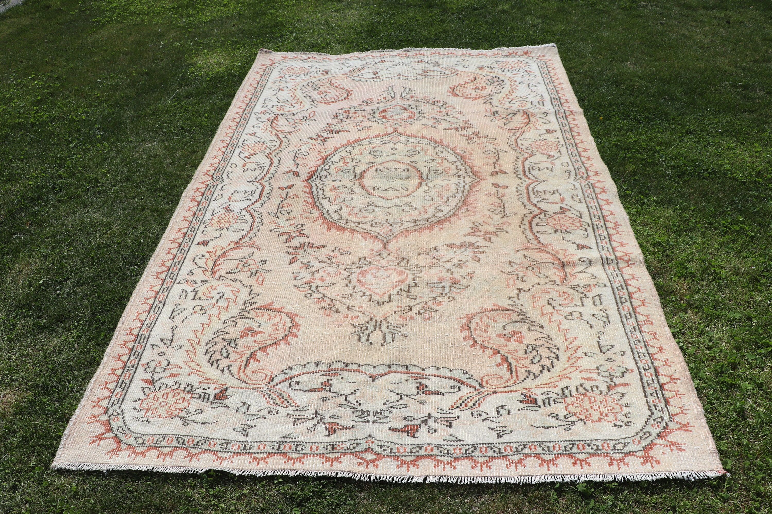 5.4x8.5 ft Büyük Halı, Türk Halısı, Büyük Oushak Halıları, Vintage Halı, El Dokuma Halı, Oturma Odası Halıları, Bej Oryantal Halı, Geometrik Halılar