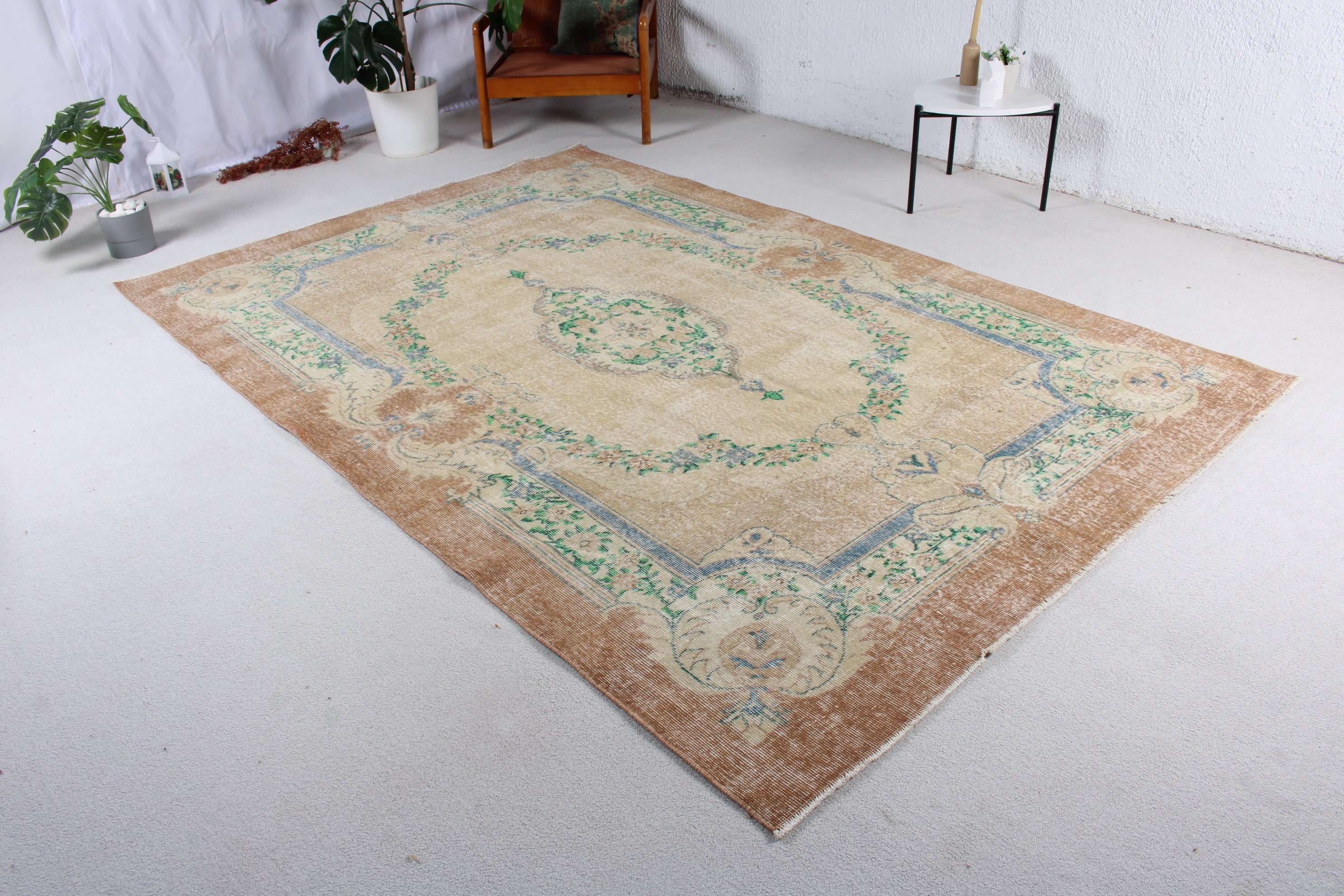 Geometrik Halılar, Türk Halısı, Vintage Dekor Halısı, Oturma Odası Halıları, Kahverengi Yün Halısı, Nötr Halısı, Vintage Halısı, 6.1x9 ft Büyük Halısı, Salon Halısı