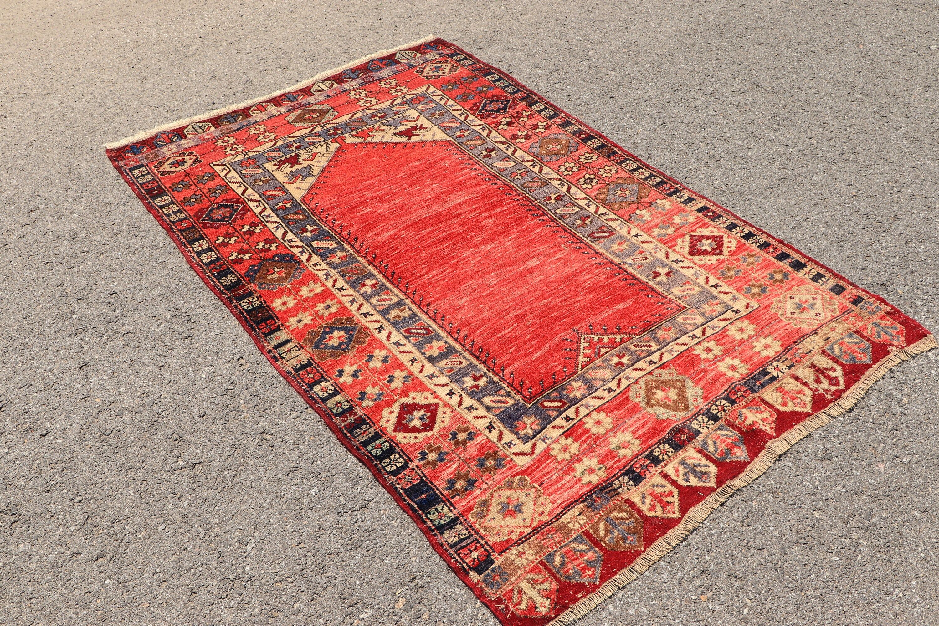 Vintage Rugs, Oushak Rug, Turkish Rug, Art Rug, 4x6.2 ft Area Rugs, Floor Rugs, Kitchen Rugs, Rugs for Kitchen, Red Anatolian Rugs