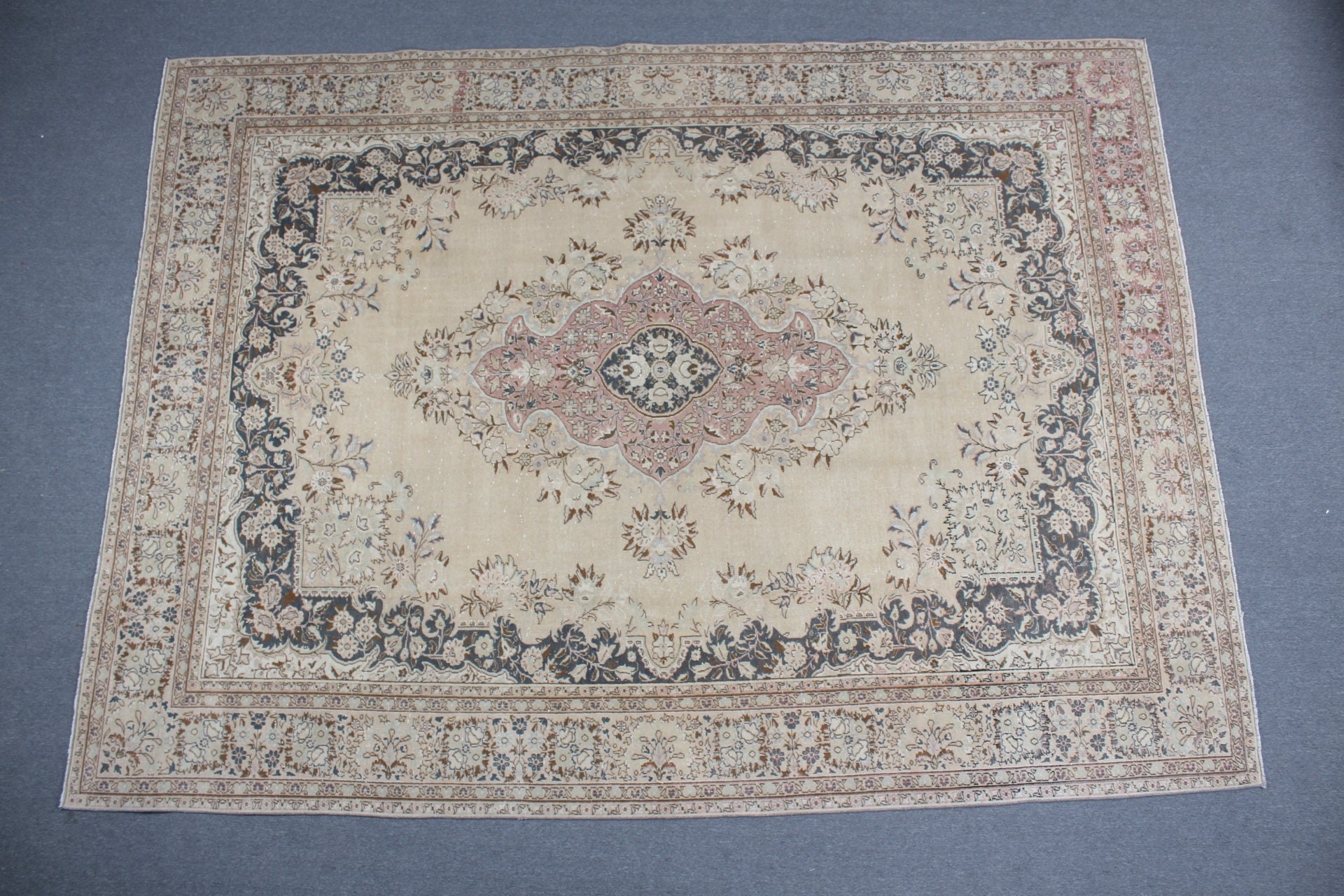 Salon Halısı, Türk Halısı, Salon Halıları, Vintage Halılar, Vintage Dekor Halıları, Yün Halıları, Bej Oushak Halısı, 8.1x11.2 ft Büyük Boy Halı