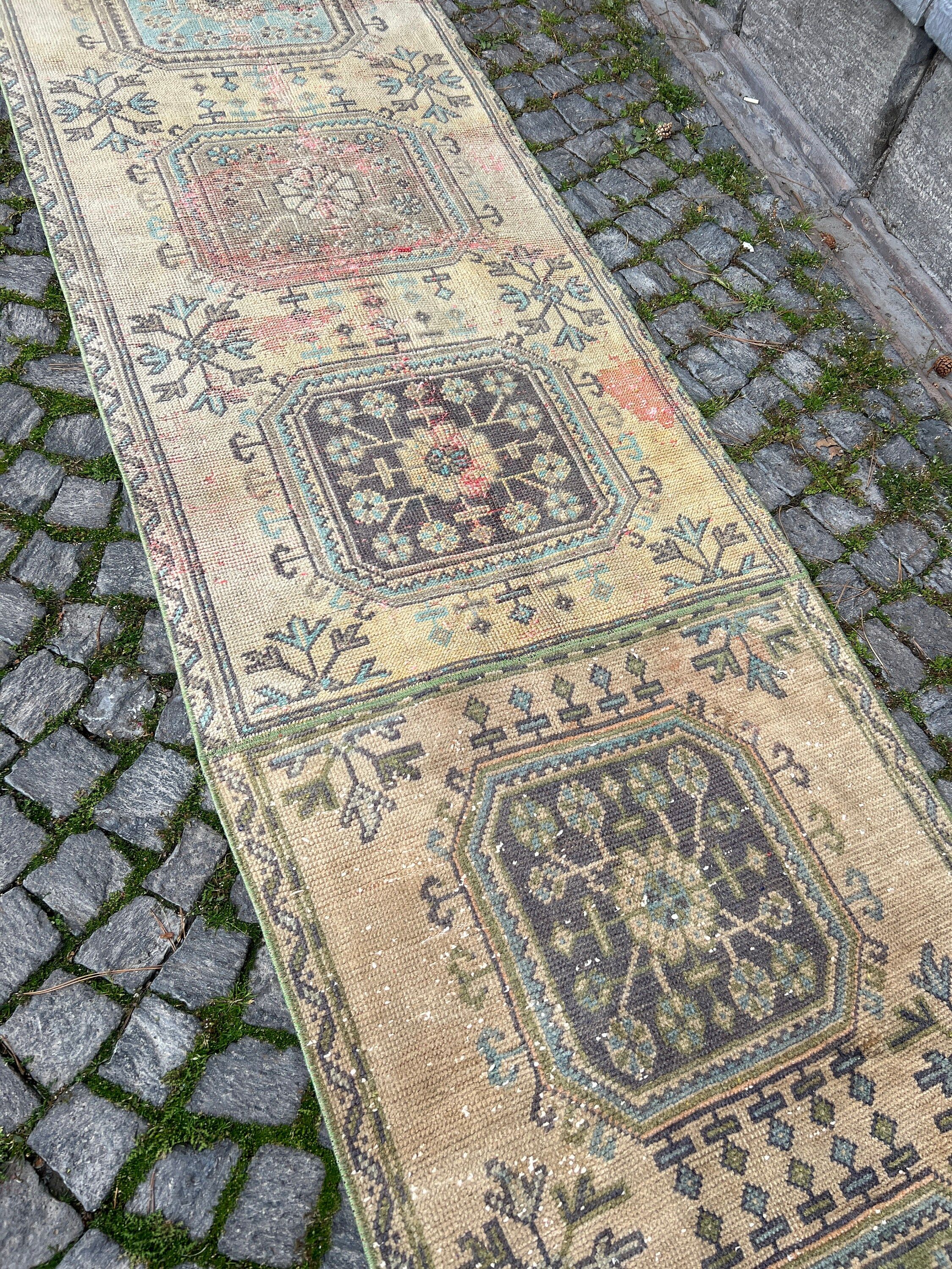 Hallway Rug, Beige Antique Rugs, Stair Rug, Turkish Rug, Kitchen Rug, 3x19.2 ft Runner Rugs, Rugs for Corridor, Vintage Rug