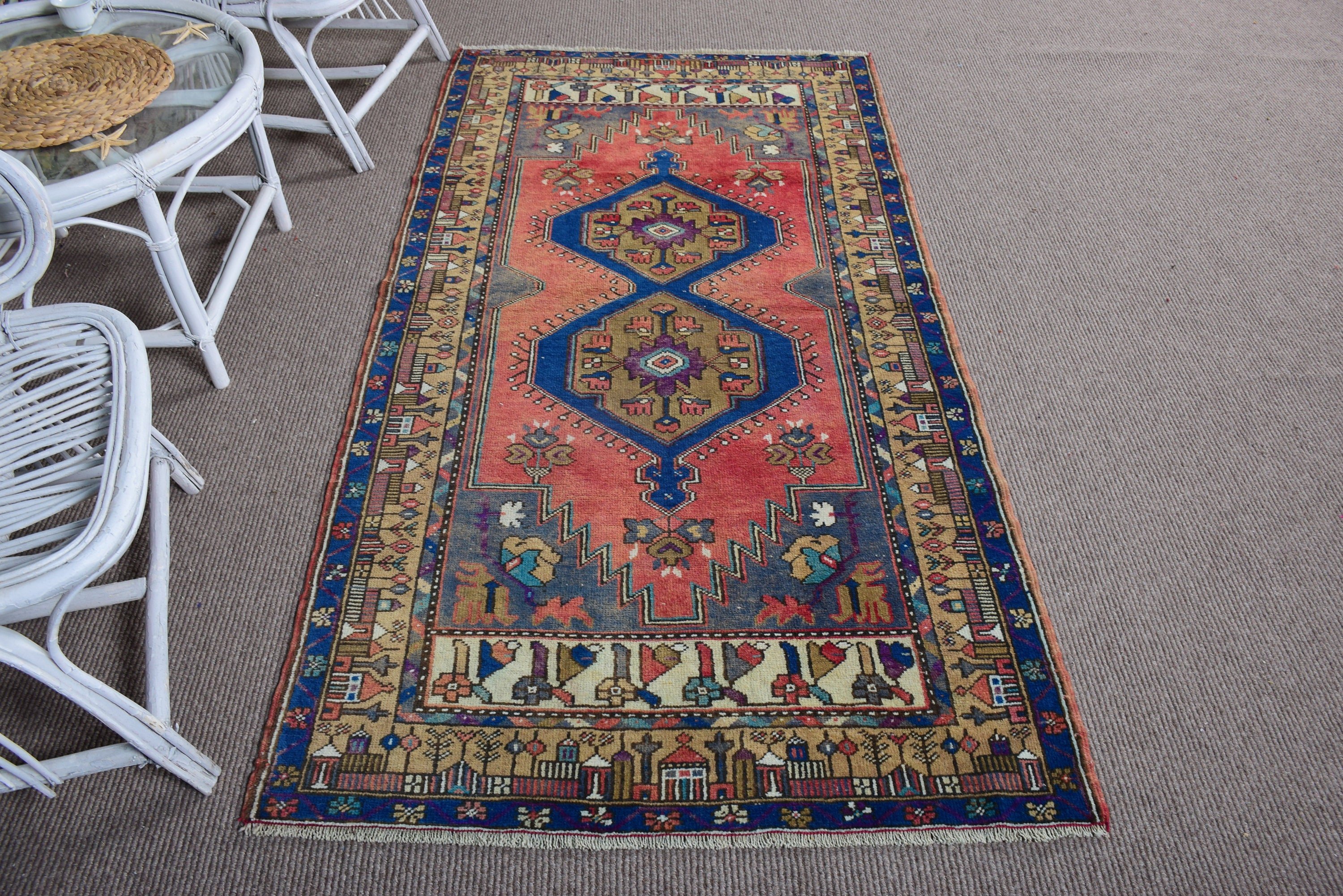 Türk Halısı, 3.5x6.7 ft Aksan Halısı, Vintage Aksan Halıları, Oushak Halısı, Vintage Halılar, Kırmızı Antika Halı, Lüks Halılar, Antika Halılar, Çocuk Halısı