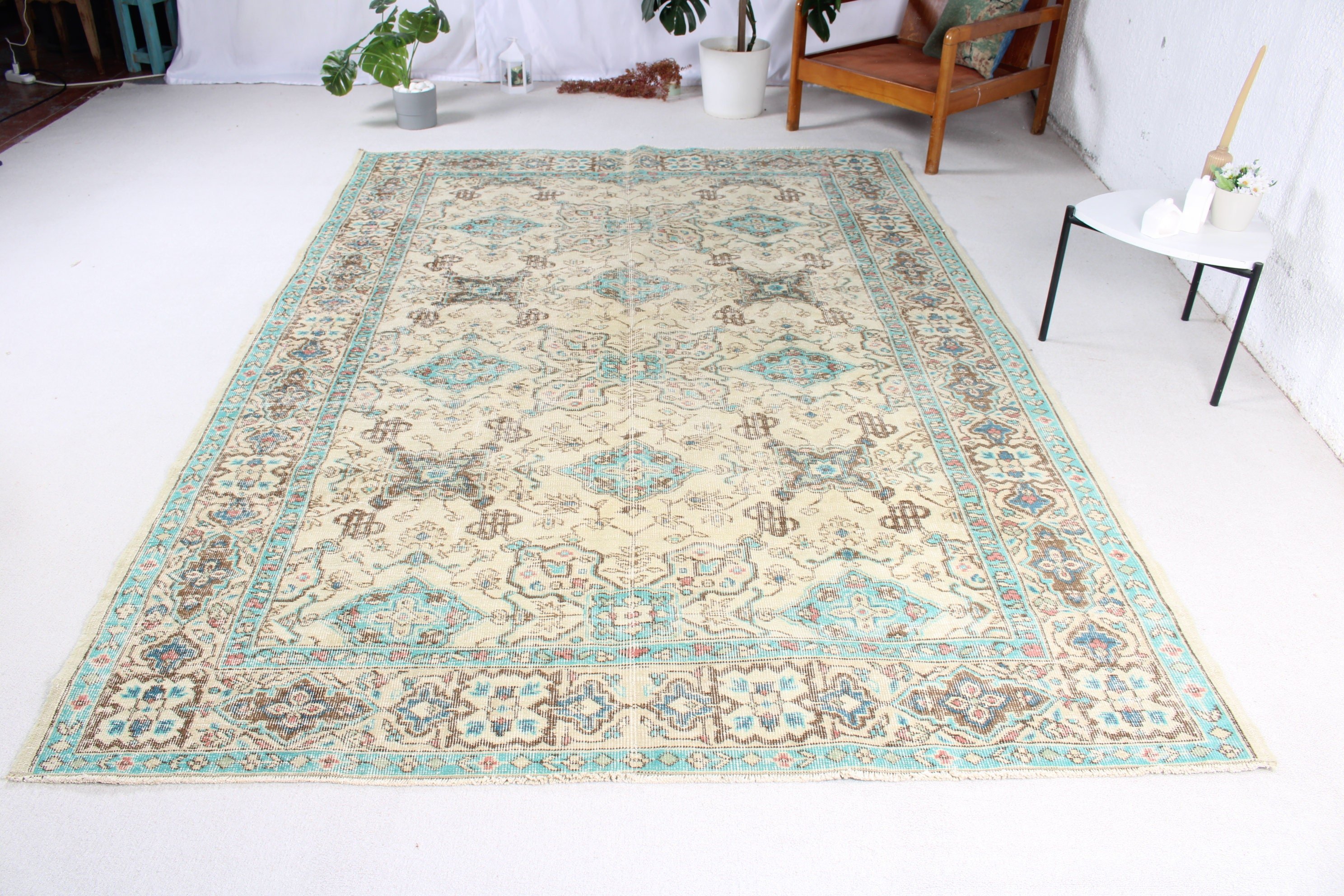 Büyük Oushak Halıları, Kahverengi Geometrik Halı, Türk Halıları, Vintage Halılar, Açıklama Halıları, Büyük Vintage Halı, Düz Dokuma Halı, 6,3x9,2 ft Büyük Halı