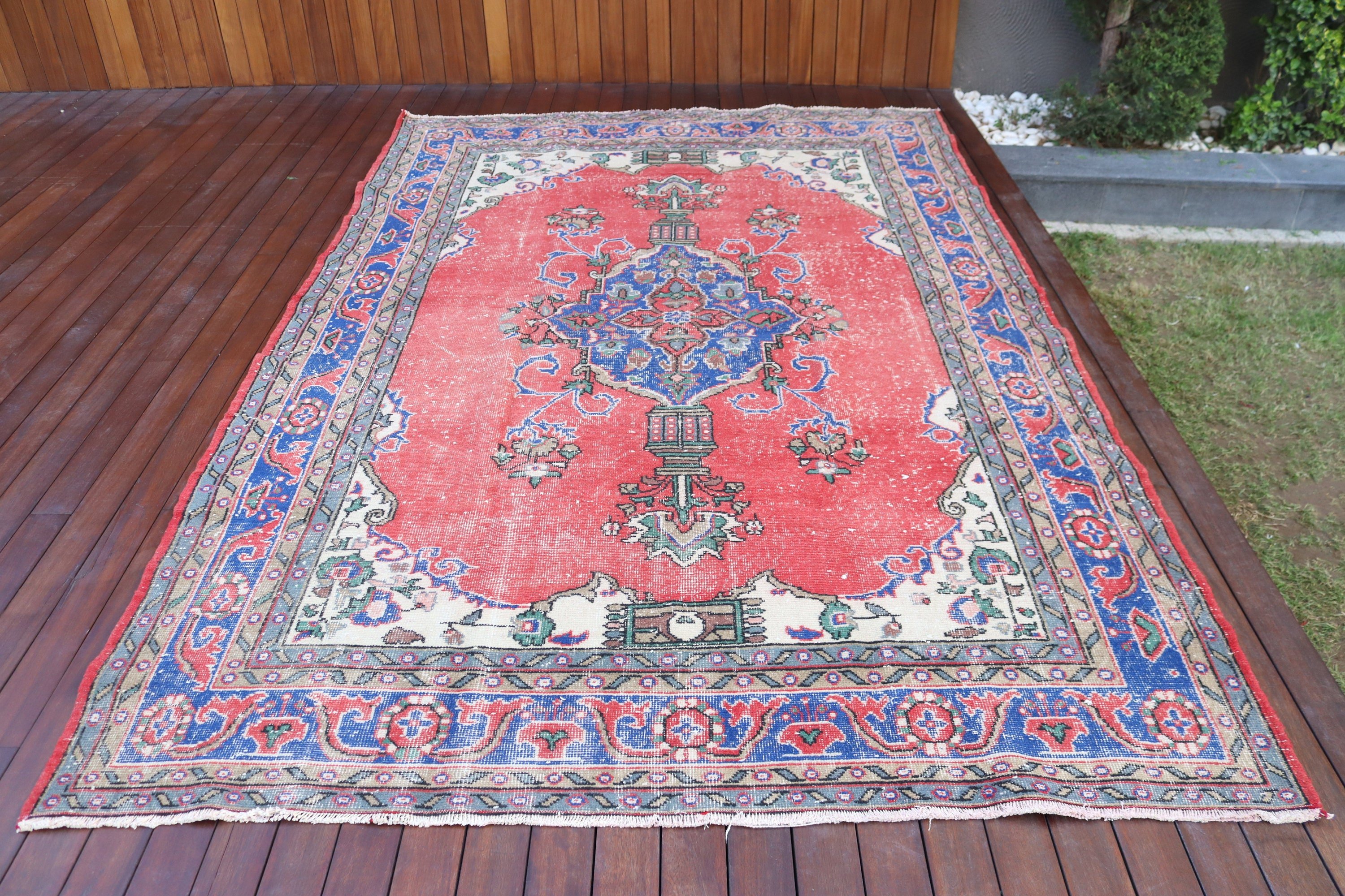 Büyük Vintage Halılar, Kırmızı İfade Halıları, Vintage Halılar, Lüks Halılar, Türk Halıları, Salon Halıları, 6.4x10.3 ft Büyük Halılar, Düz Dokuma Halı