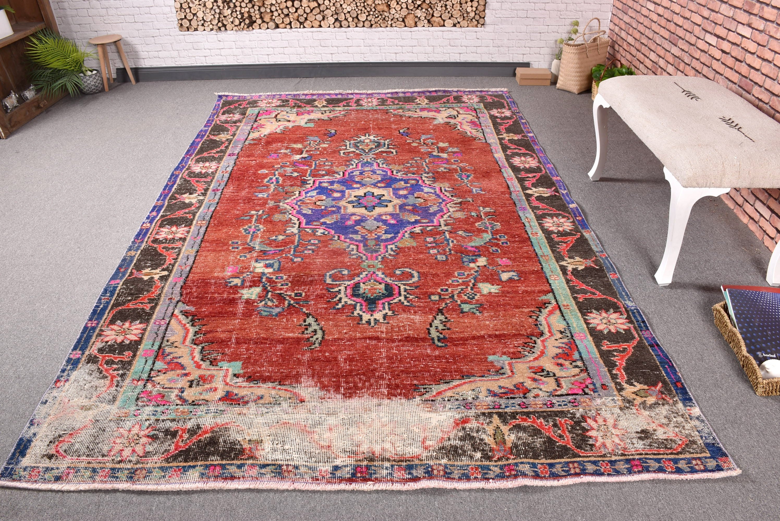 Salon Halısı, Vintage Halı, Türk Halıları, 5.9x9.3 ft Büyük Halı, Vintage Dekor Halısı, Kırmızı Nötr Halı, Nötr Halılar, Yatak Odası Halısı