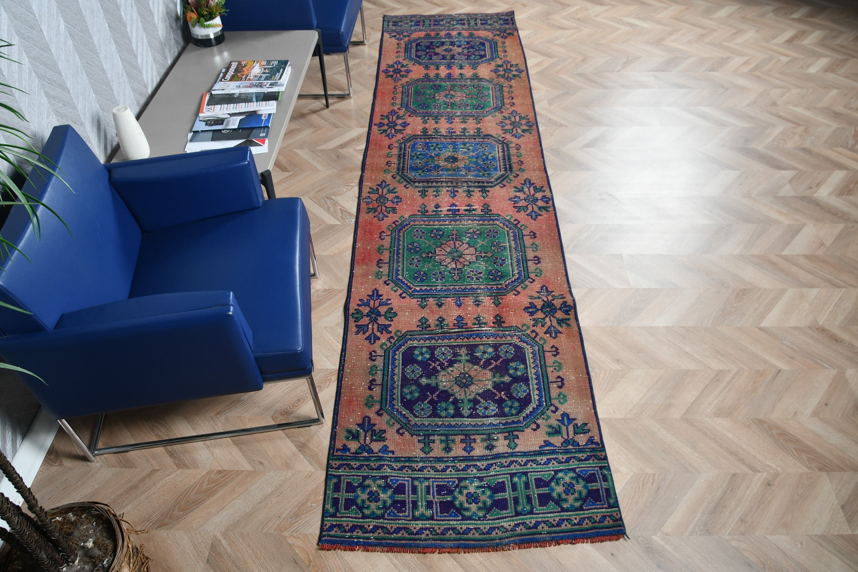 Ev Dekorasyonu Halıları, Vintage Halılar, Türk Halıları, Koridor Halısı, Turuncu Yatak Odası Halıları, Mutfak Halıları, 2.8x11.6 ft Runner Halısı, Oushak Halısı