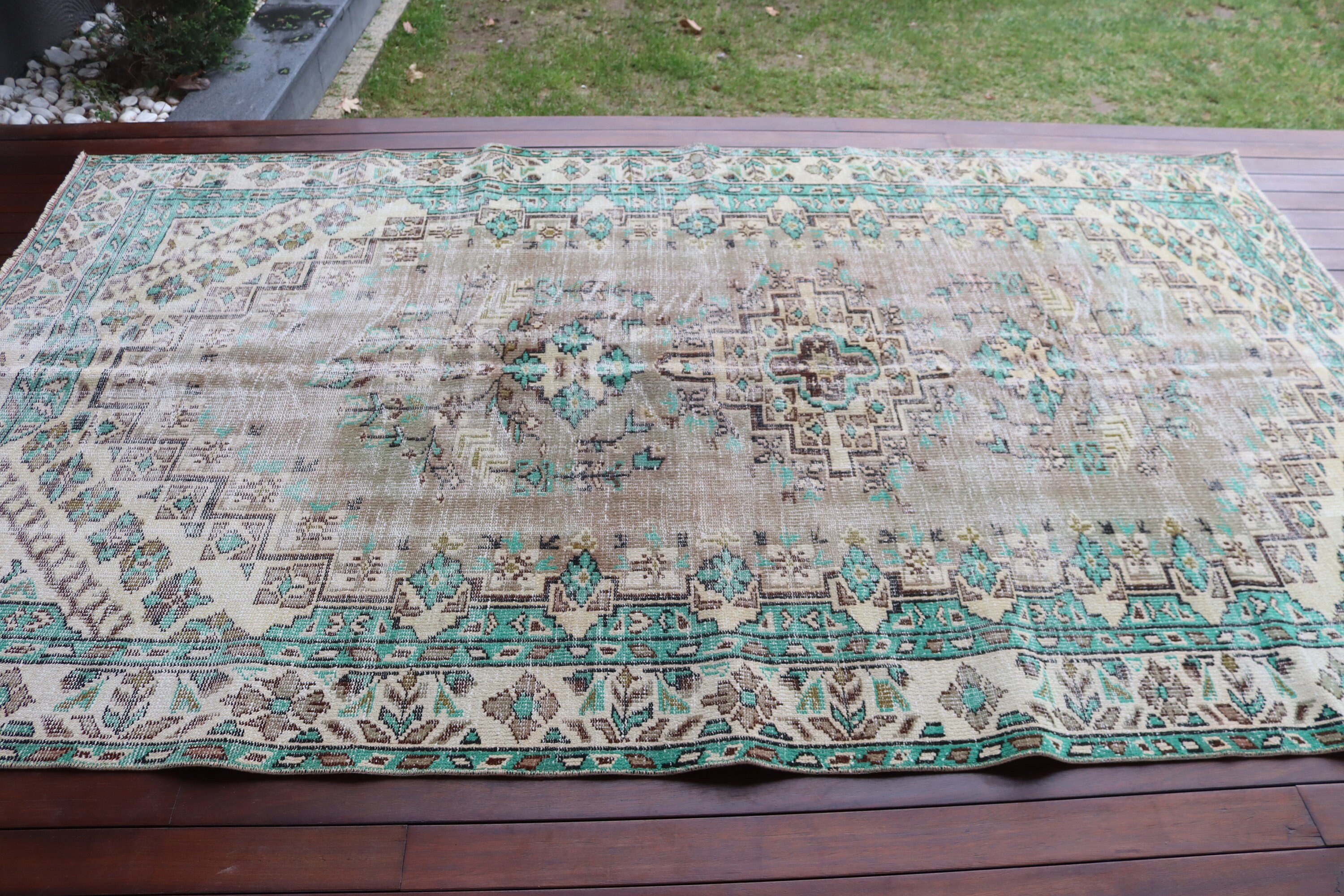 Türk Halıları, Ofis Halıları, Büyük Boho Halıları, Vintage Halı, Salon Halısı, Fas Halıları, 6x9.7 ft Büyük Halı, Düz Dokuma Halı, Yeşil Fas Halısı