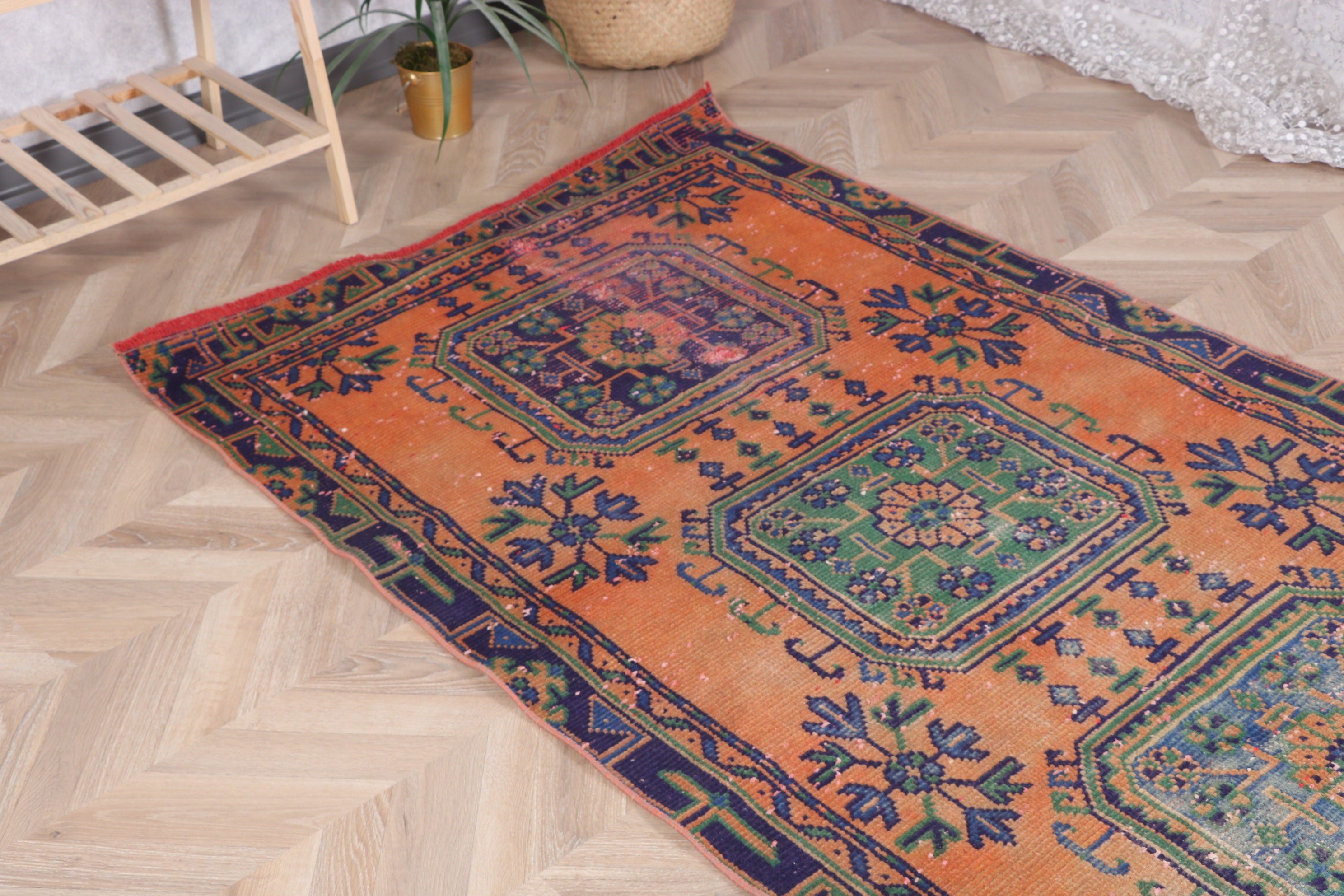 Merdiven Halısı, Vintage Halı, 3.6x10.1 ft Runner Halıları, Turuncu Geometrik Halı, El Dokuma Halıları, Türk Halısı, Beni Ourain Runner Halıları, Boho Halısı